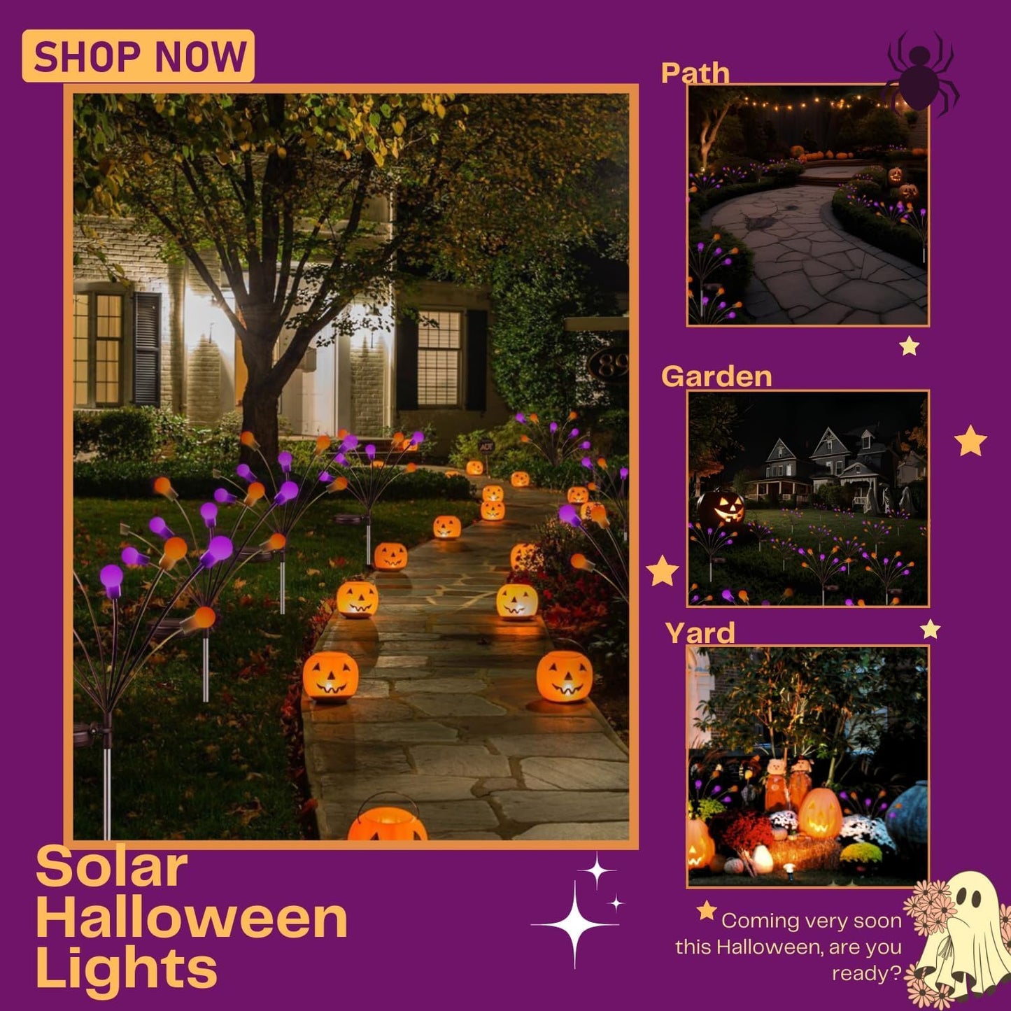 48 LED Solar Halloween Lights - 6 Pack Purple & Orange Waterproof Firefly Lights for Garden & Patio Decor