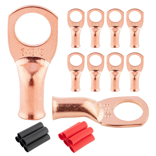 RED WOLF 10 Pack 8 Gauge x 3/8" Copper Wire Ring Terminals Connector Lug Battery Cable Ends Stud W/3:1 Heat Shrink Tubing Tube Black & Red Each 5 PCS for Electrical Vehicle Boat Marine