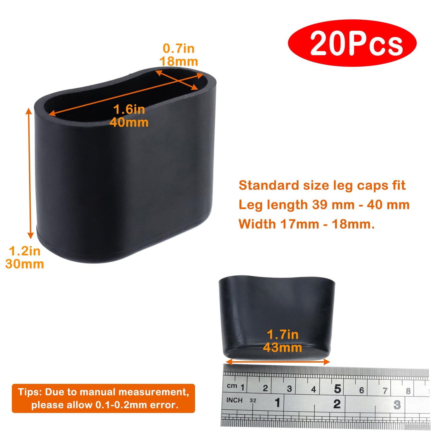 Geesatis 1.6" X 0.7" Oval Chair Leg Caps, PVC Table Chair Leg Cover, Hardwood Floor Protector, Double Thickness, Black, PVC, Rectangle,20 Pack