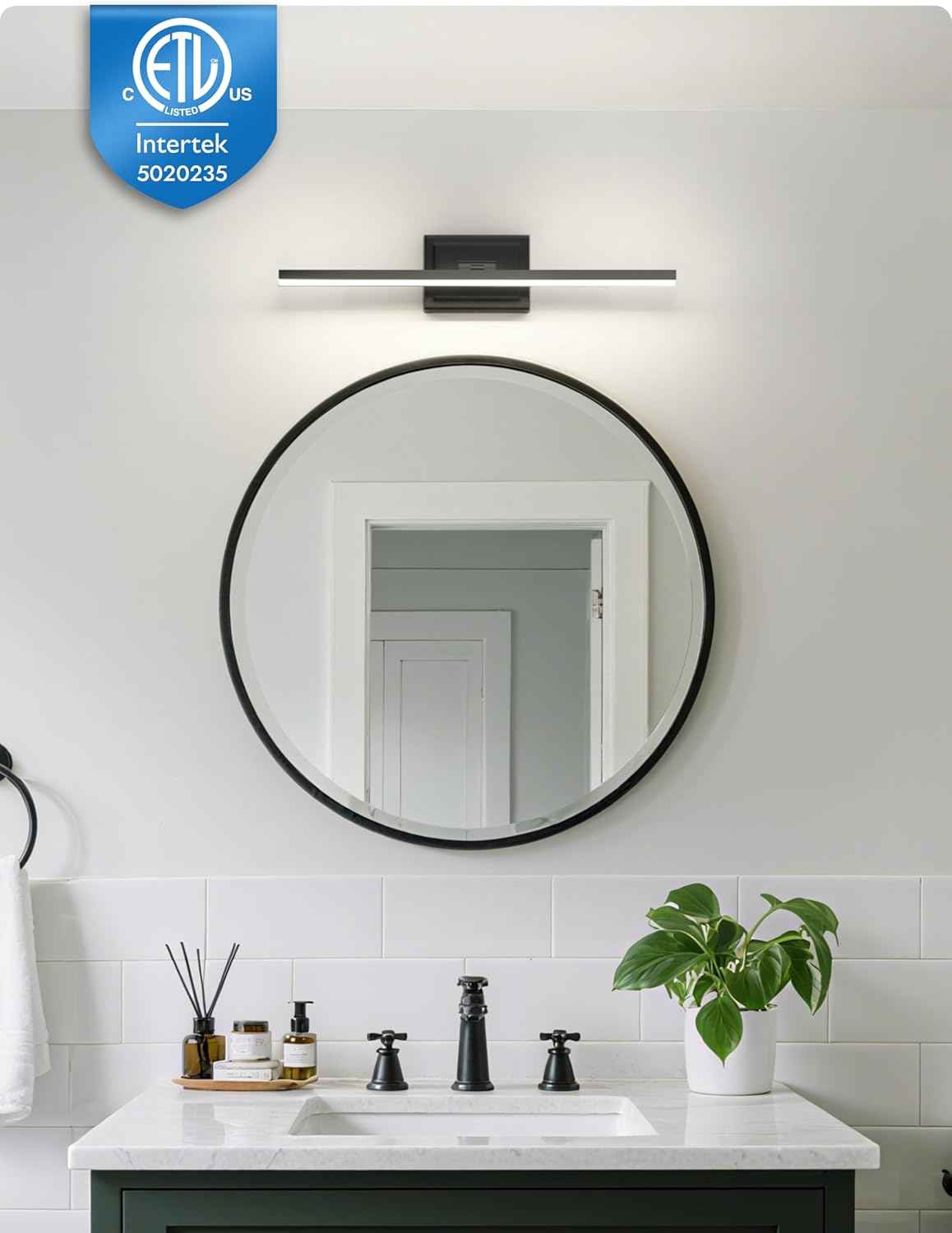 NIORSUN 24-Inch Dimmable LED Bathroom Vanity Light Fixture - Modern Black Over Mirror Lighting, 5CCT, ETL Certified