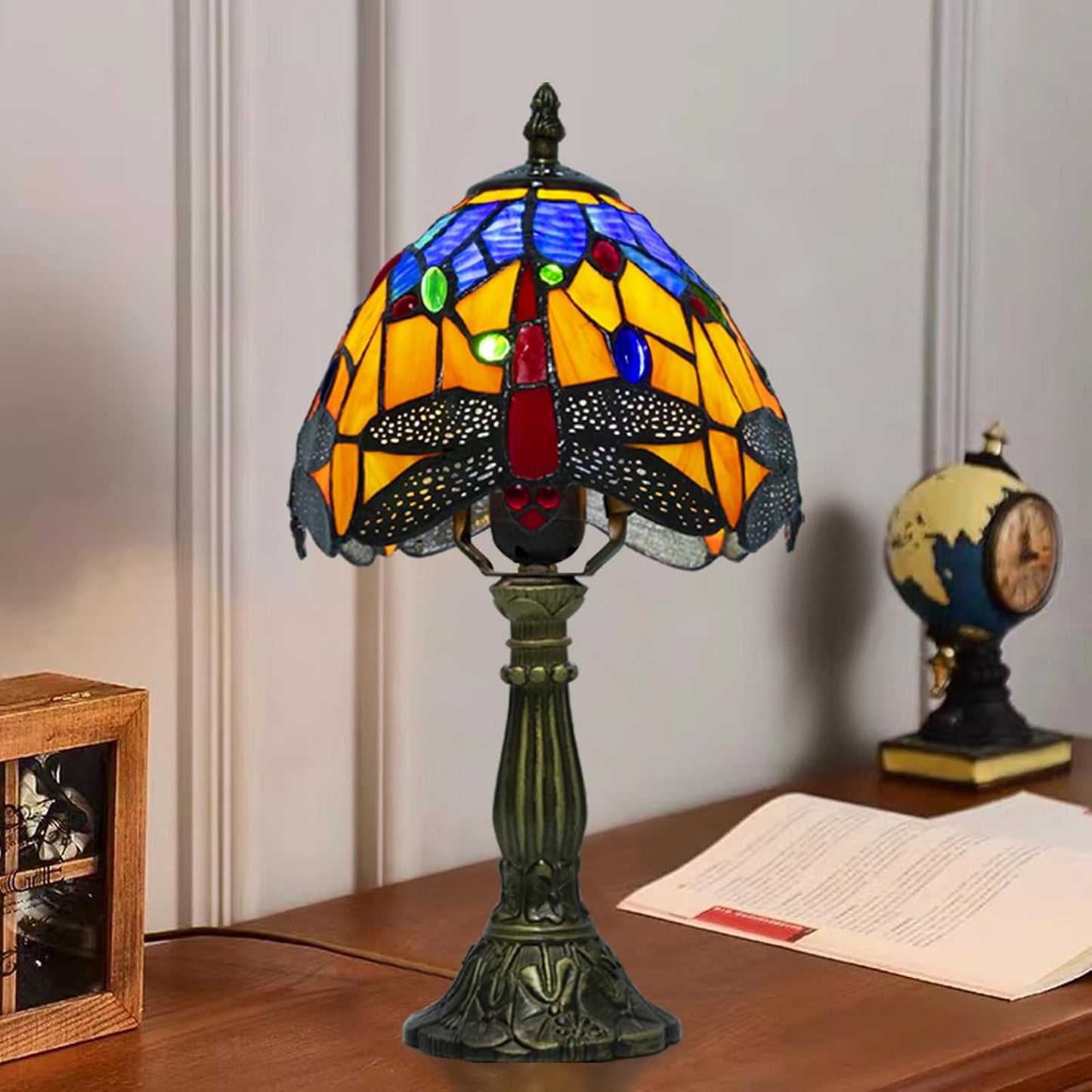 Tiffany Table Lamp - 8 Inch Antique Stained Glass, 3 Color Temperatures, Handcrafted for Bedroom & Living Room