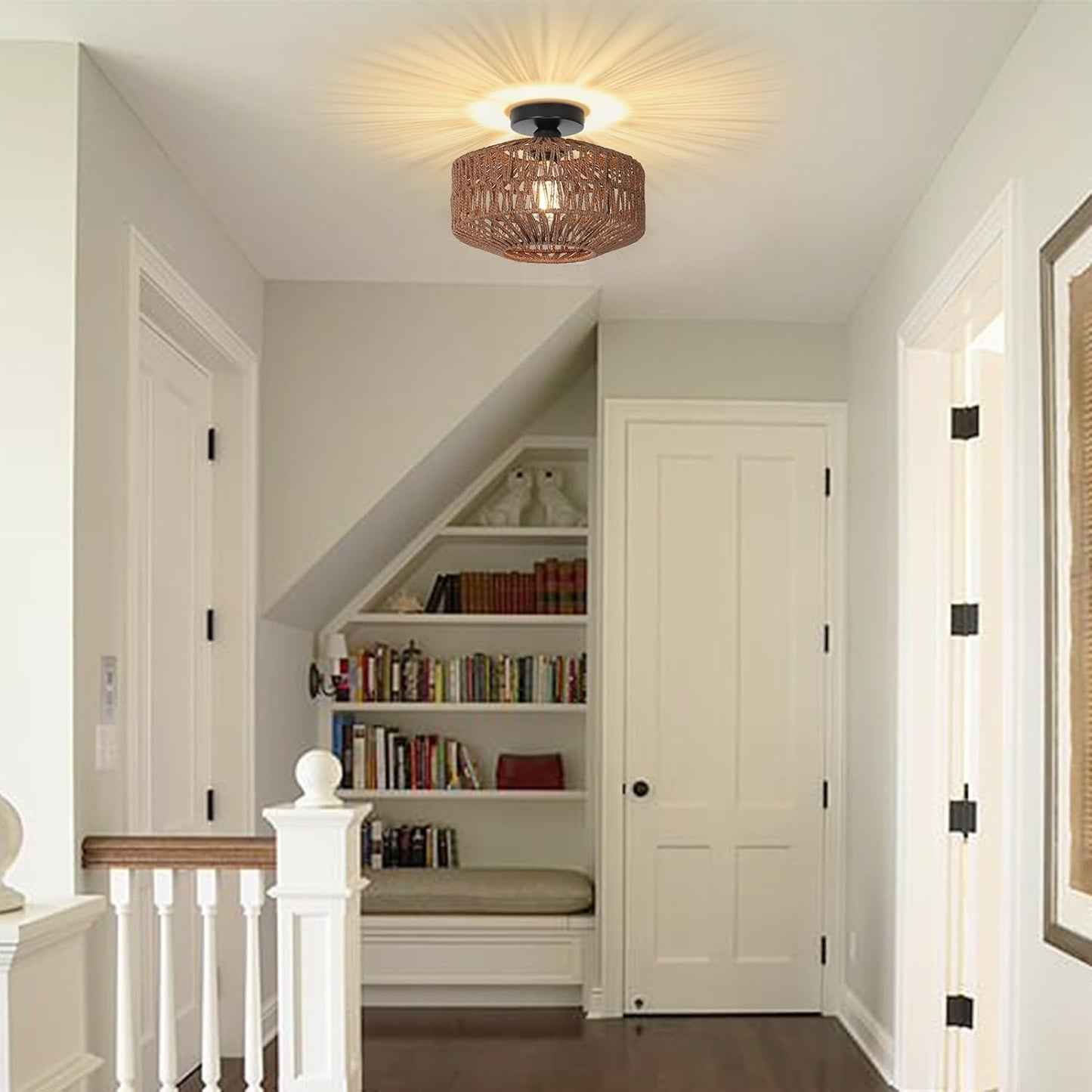 Boho Rattan Chandelier Ceiling Light Fixture with Dimmable LED Bulb - Hand Woven Flush Mount for Hallway, Bedroom, Kitchen & Living Room