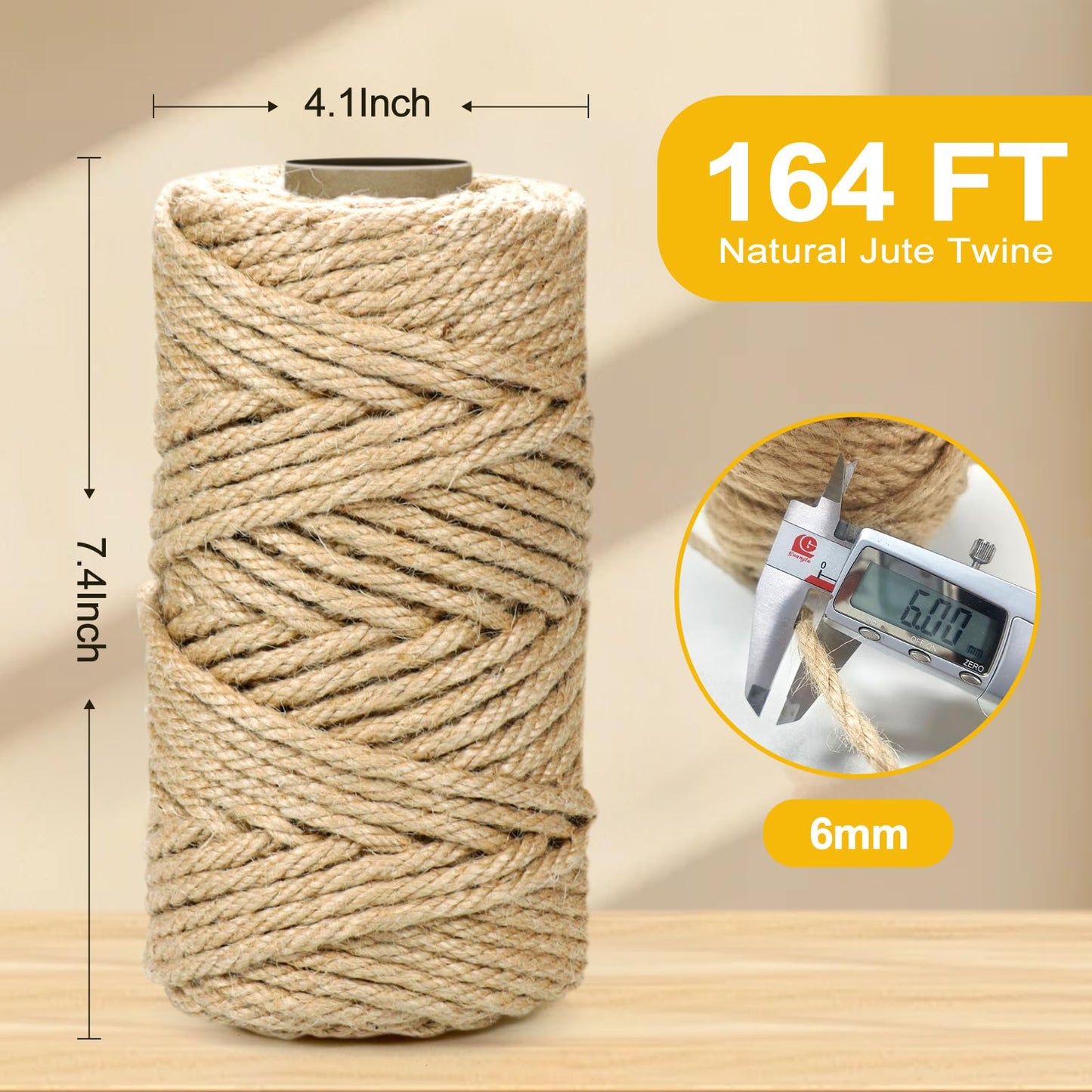 Jute Twine String - 164ft 6mm Eco-Friendly Heavy-Duty Cord for Crafts, Garden & Packaging | Natural Fiber Rope for DIY Decor, Bundling & Industrial Projects