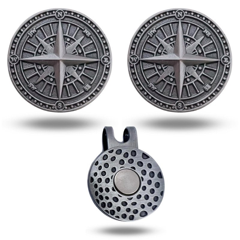 Full Metal Markers Nautical Compass Unique Magnetic Metal Golf Ball Marker Accessory with Hat Clip for Men and Women (1 Ball Marker + 1 Hat Clip)