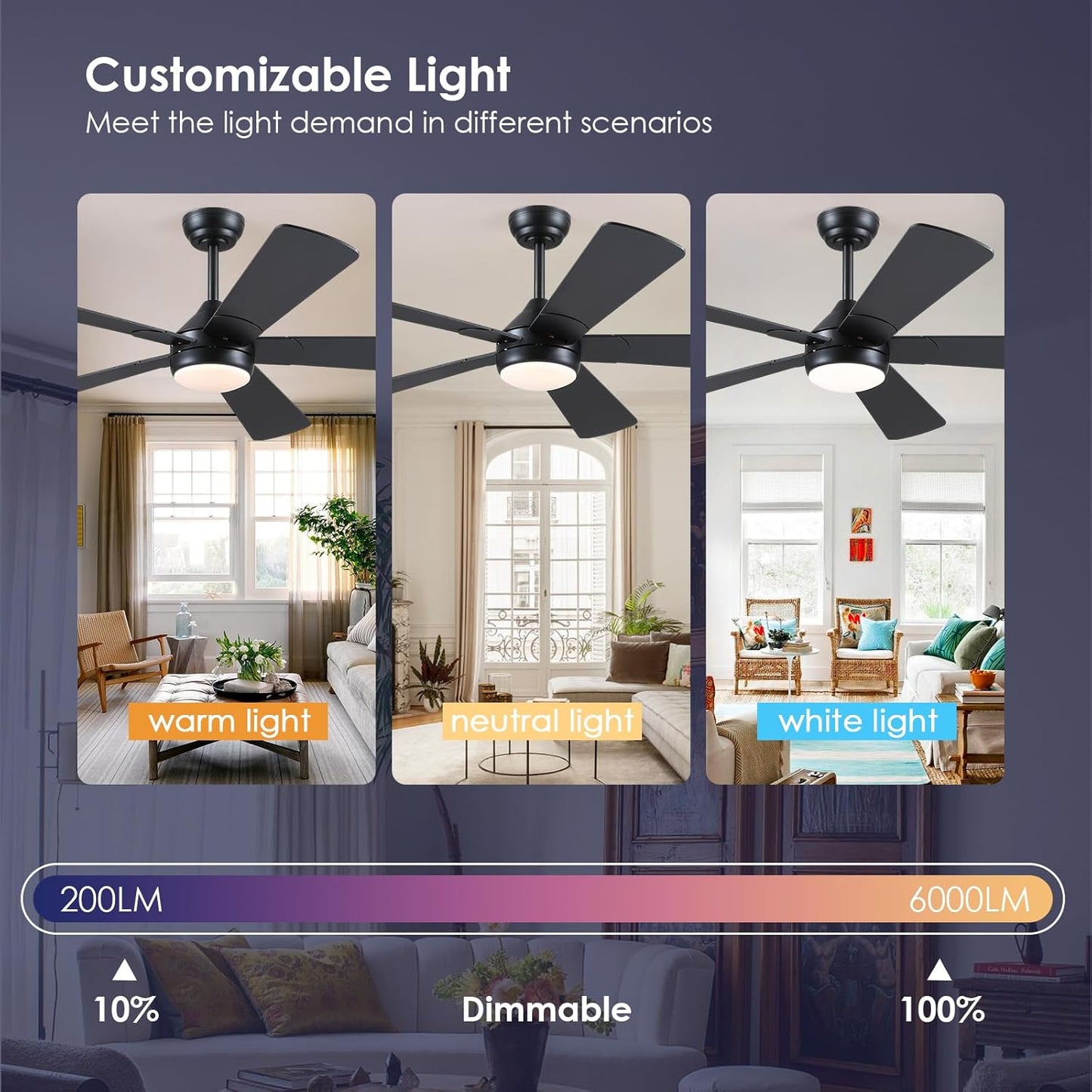 46” Black Low Profile Ceiling Fan with Lights & Remote Control - Dimmable, Noiseless, Reversible for Bedroom