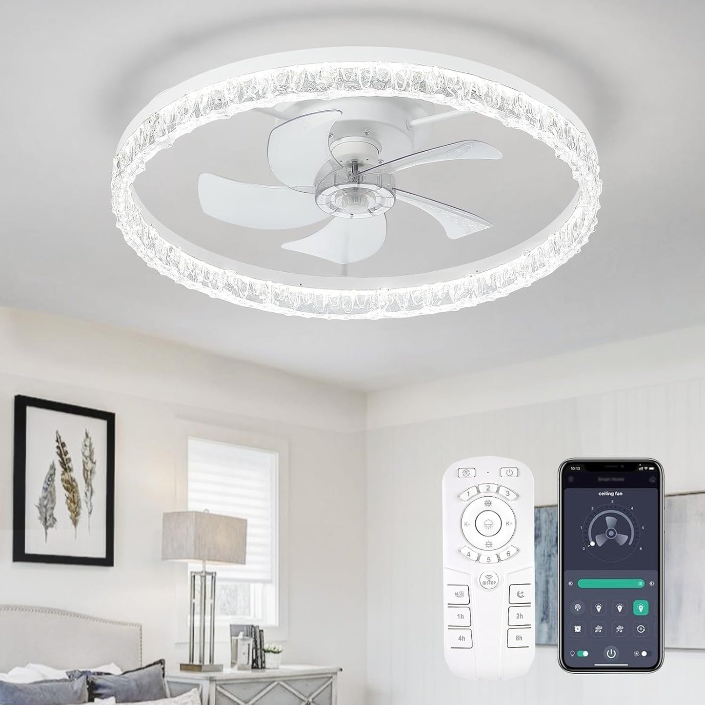 Flush Mount Ceiling Fan with Lights & Remote - 6 Speed Low Profile for Bedroom & Small Rooms