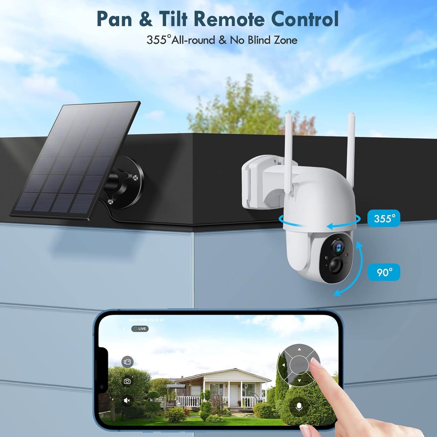 Wireless Solar Security Camera 3MP 2K FHD - 355° PTZ, Spotlight, Motion Detection, Color Night Vision