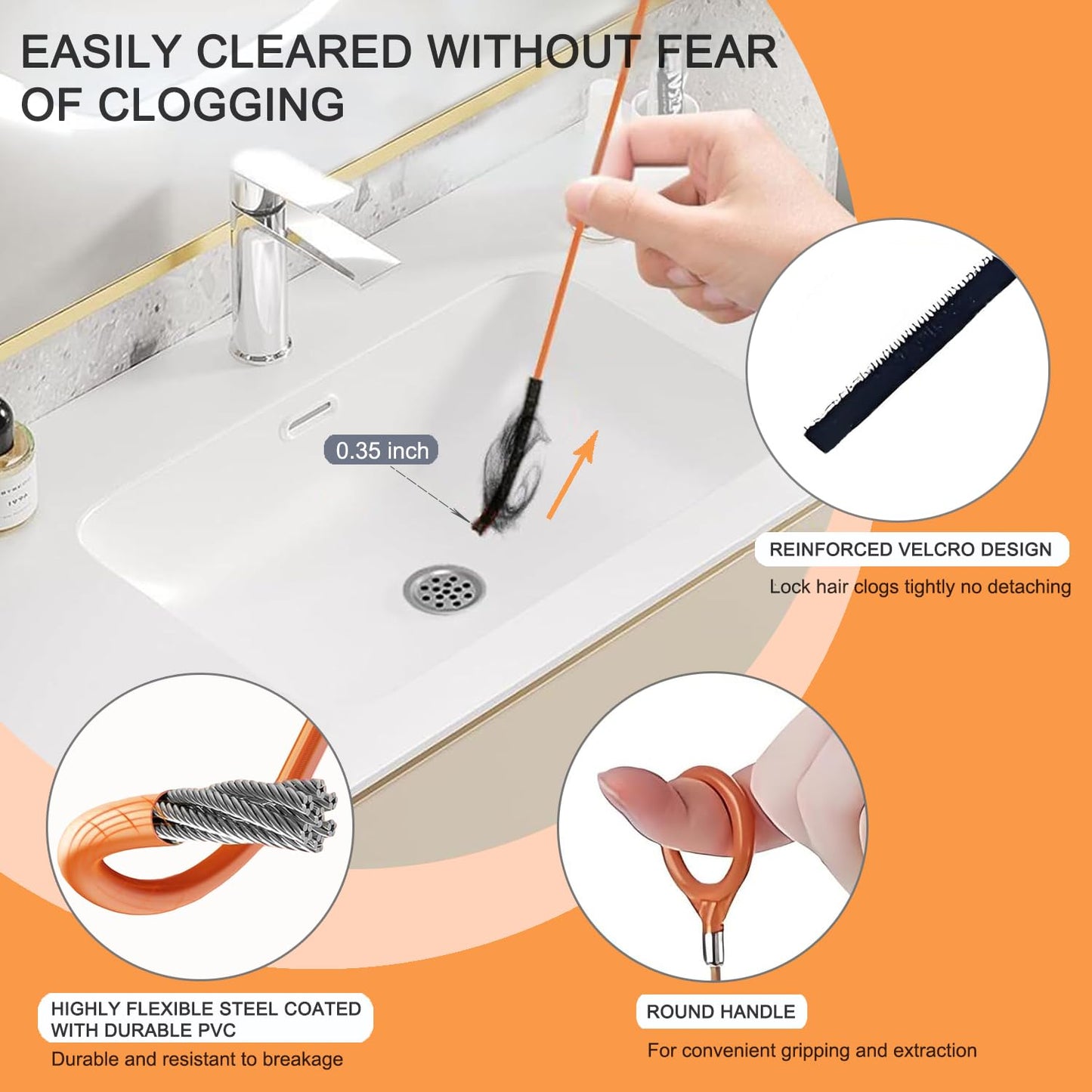 Hair Catcher Drain Auger Cleaner Tool Set - 3 × 53 Inch Sink Snake + 1 × 35 Inch Drain Clog Remover, Set For Toilet, Kitchen Sink, Bathroom Tub, Sewer,4 Pack