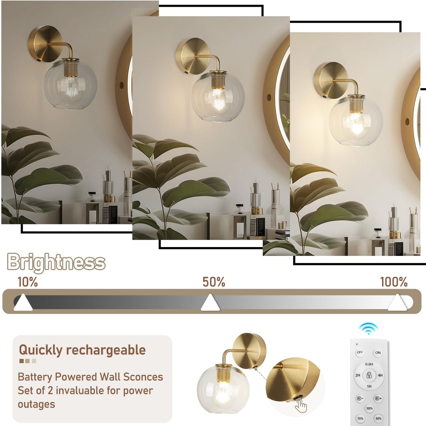 EIDEARAY Gold Vanity Wall Sconces Set of 2, Battery Operated Wall Sconces with Remote, Vintage Gold Wall Lamp with Clear Glass Shade, Industrial Metal Wall Mount Light for Bedroom, Hallway etc