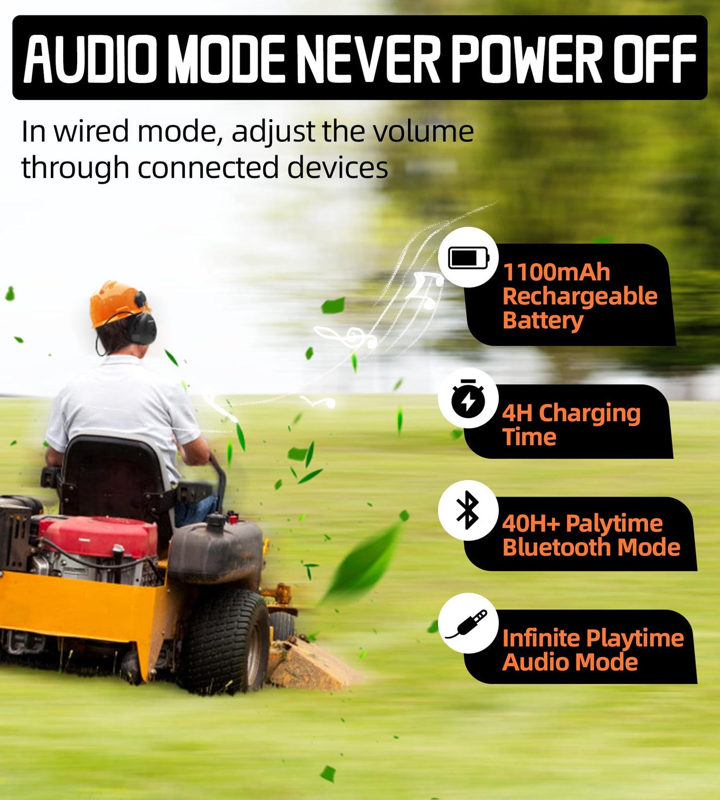 PROHEAR 037BR04 Bluetooth Hearing Protection with Adapter for 3M H-700 Hard Hats/DEWALT Hard Hat, 40H Playtime Safety Headphone for Construction Worker, Mowing - Orange