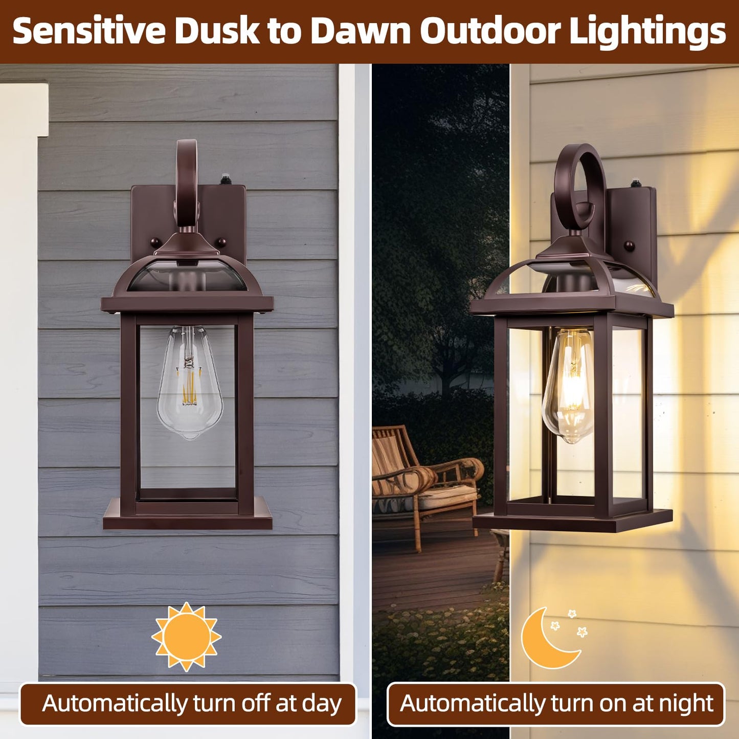 Roravilila Dusk to Dawn Outdoor Lighting Oil Rubbed Bronze 2-Pack, 15 Inch Aluminum Anti-Rust Front Porch Lights with IP65 Clear Tempered Glass Exterior Light Fixtures for House Brown Carriage Lights