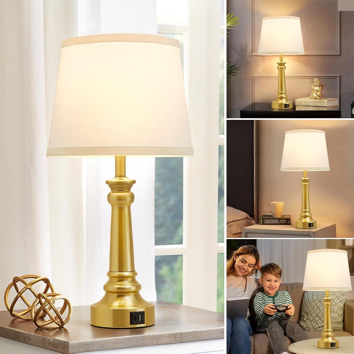 Touch Bedside Table Lamps Set of 2 with USB C+A Ports - 3-Way Dimmable Linen Shade