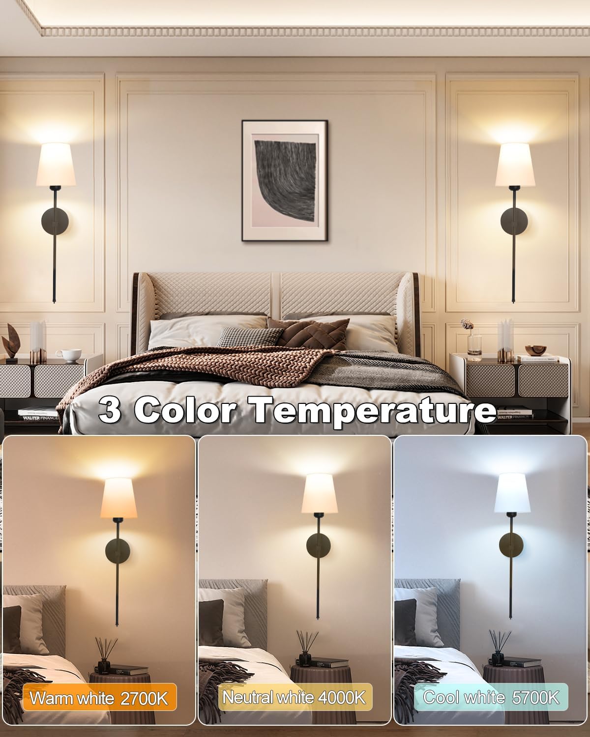 Rechargeable Black Wall Sconce Set of 2 - 5CCT Wireless Dimmable Lights with Remote for Bedroom & Living Room