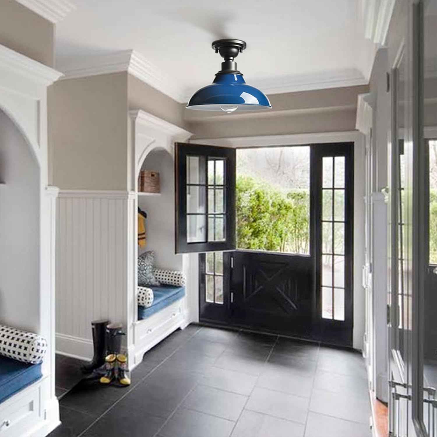 12-Inch Farmhouse Semi Flush Mount Ceiling Light - Black Industrial Barn Fixture for Bedroom, Kitchen, Foyer