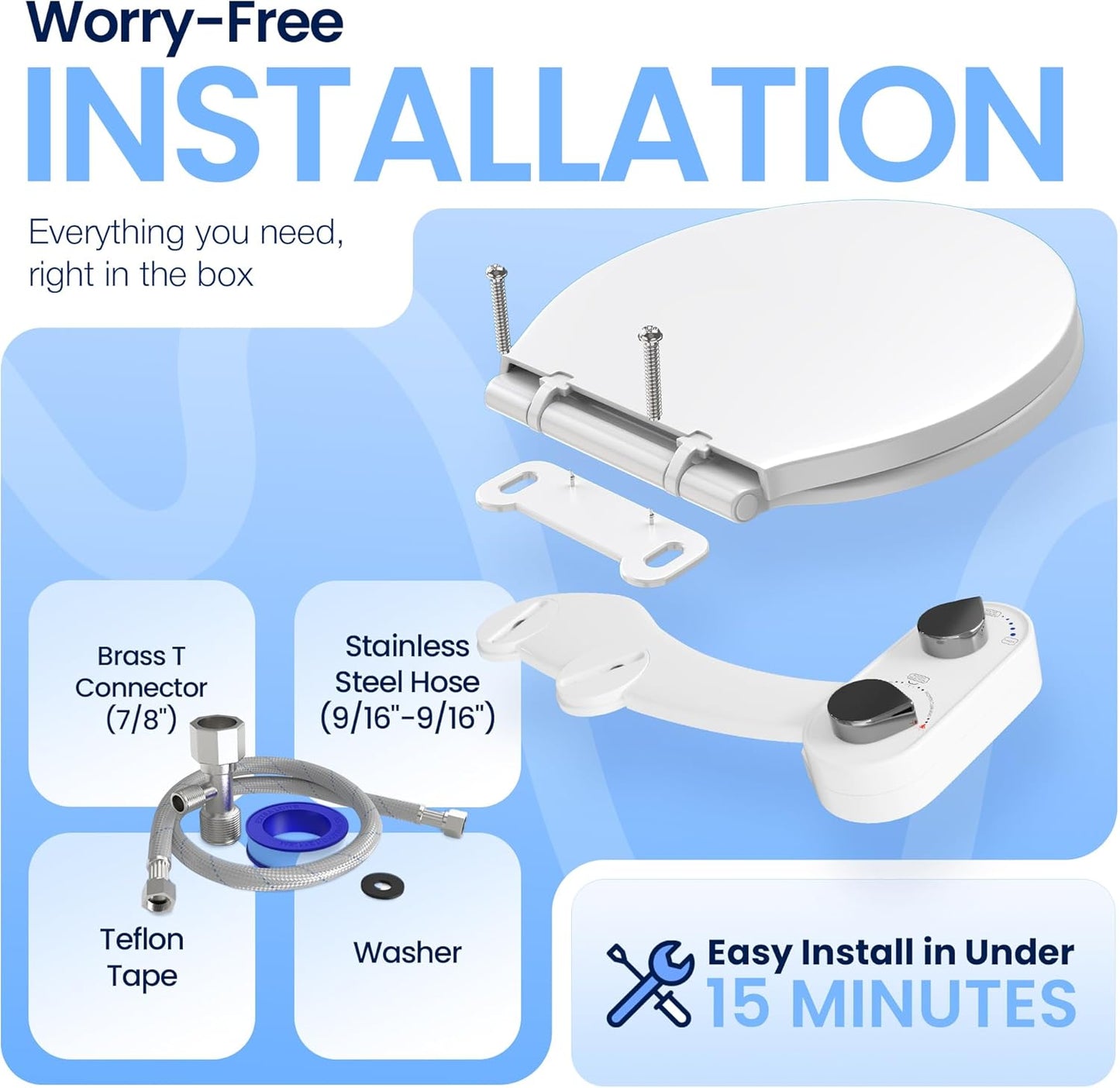 Non-Electric CLEAR REAR Bidet Attachment for Toilet - Self-Cleaning Dual Nozzle, Adjustable Pressure, White