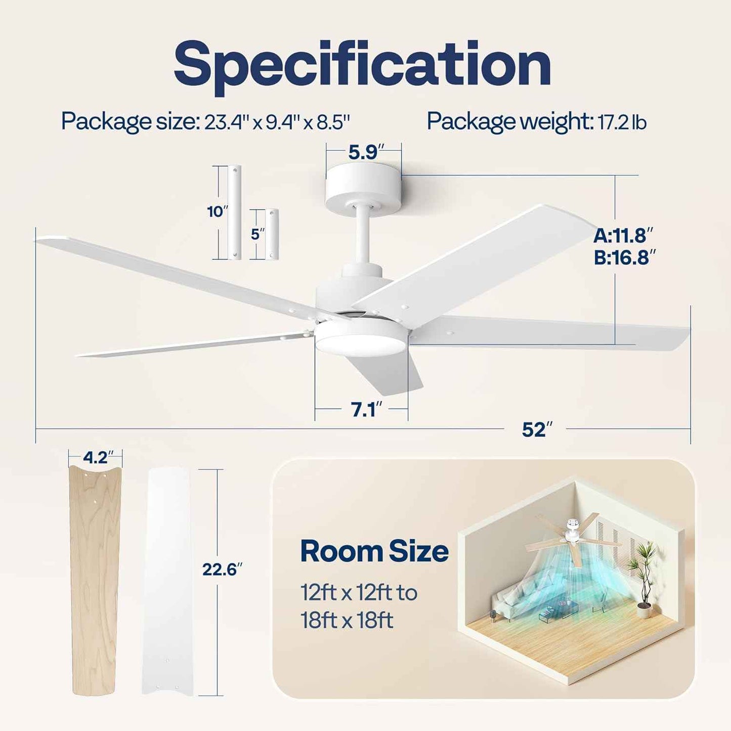 42-Inch VIVOHOME Low Profile Ceiling Fan with Lights & Remote - Dimmable, Quiet, Reversible for Bedroom & Living Room
