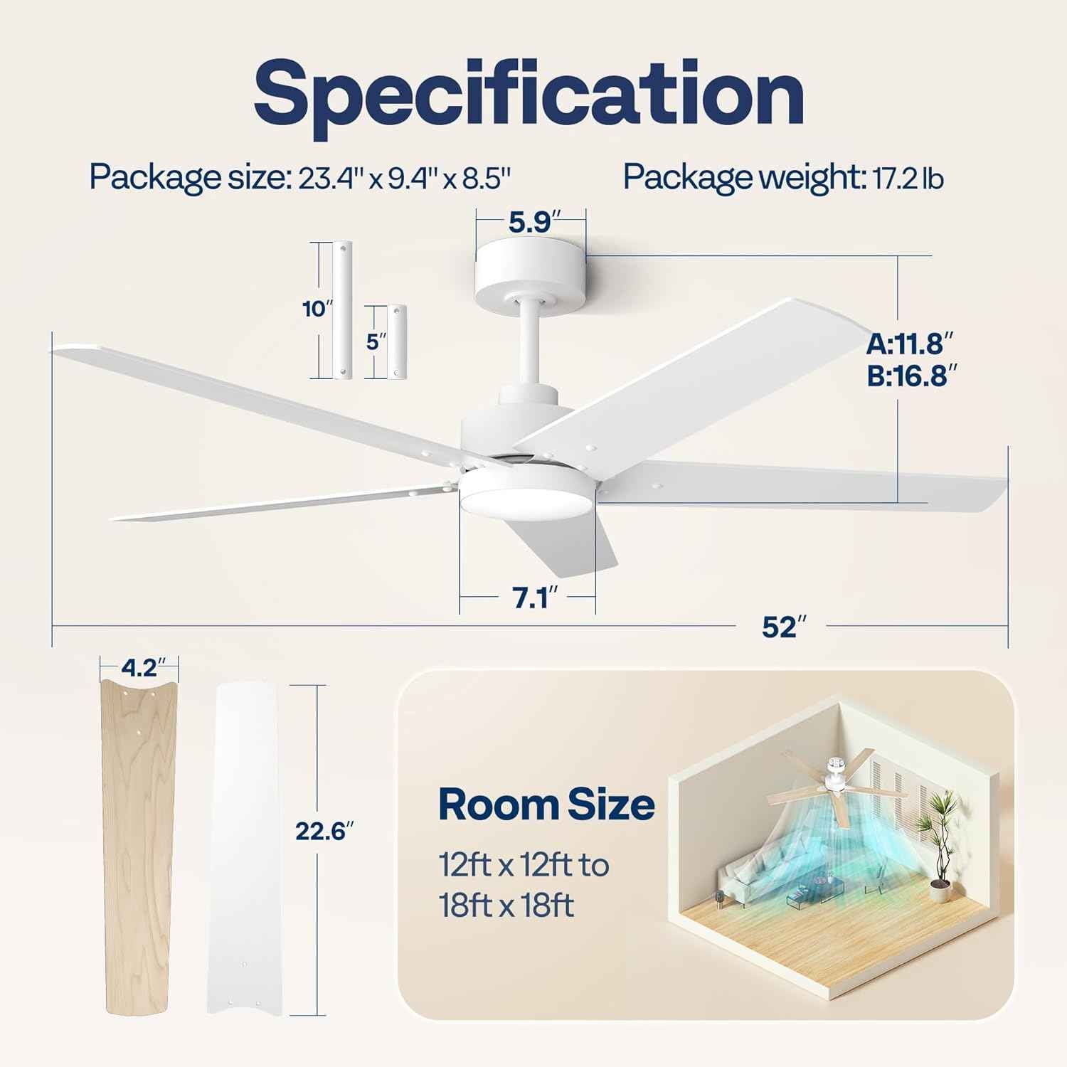 42-Inch VIVOHOME Low Profile Ceiling Fan with Lights & Remote - Dimmable, Quiet, Reversible for Bedroom & Living Room