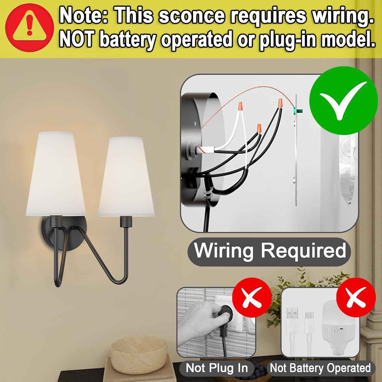 Gold Wall Sconce Lighting Fixture - Set of 2 Classic E12 Hardwired Lamps with Cream Shades