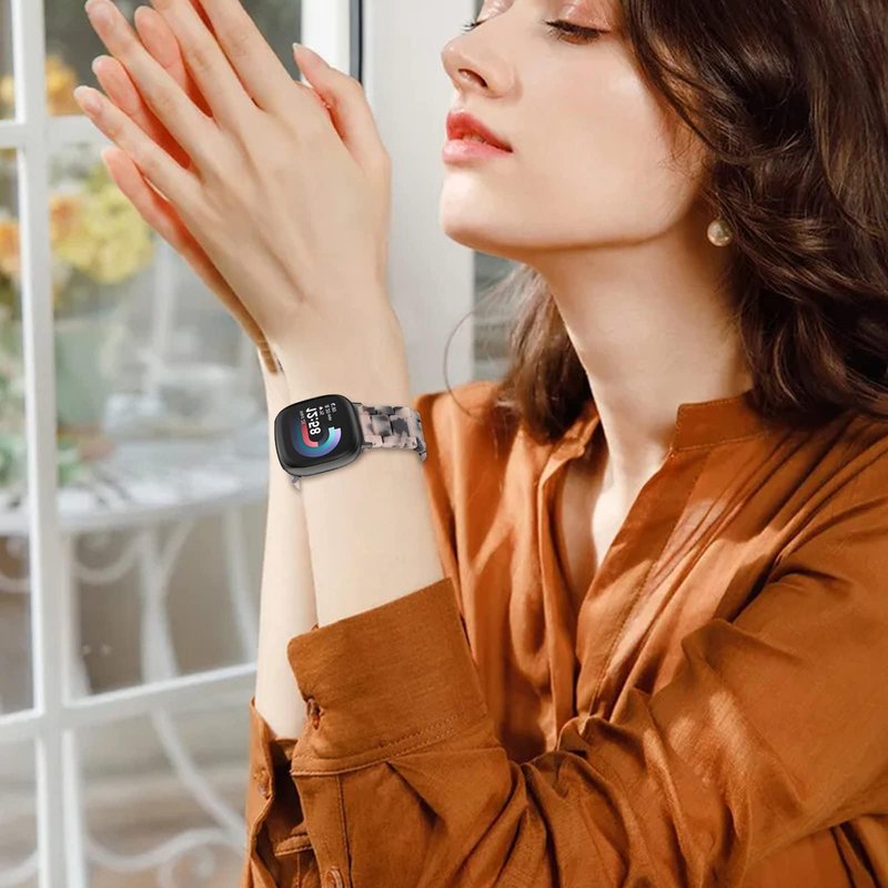 Resin Band Compatible with Fitbit Versa 4/Versa 3 Bands For Women Lightweight Bracelet Wristband Replacement For Fitbit Sense 2/Sense (Tortoise Stone Flower/Black)