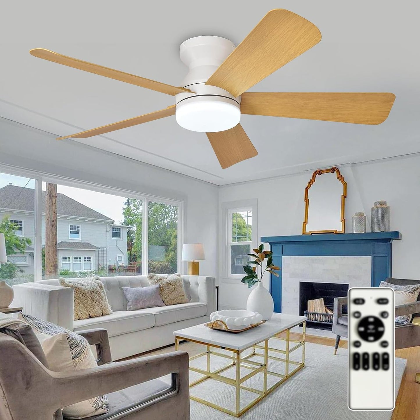 42-Inch Modern Black Ceiling Fan with Light & Remote - Dimmable Low Profile, 5 Reversible Walnut Blades, 6 Speeds for Indoor/Outdoor Use