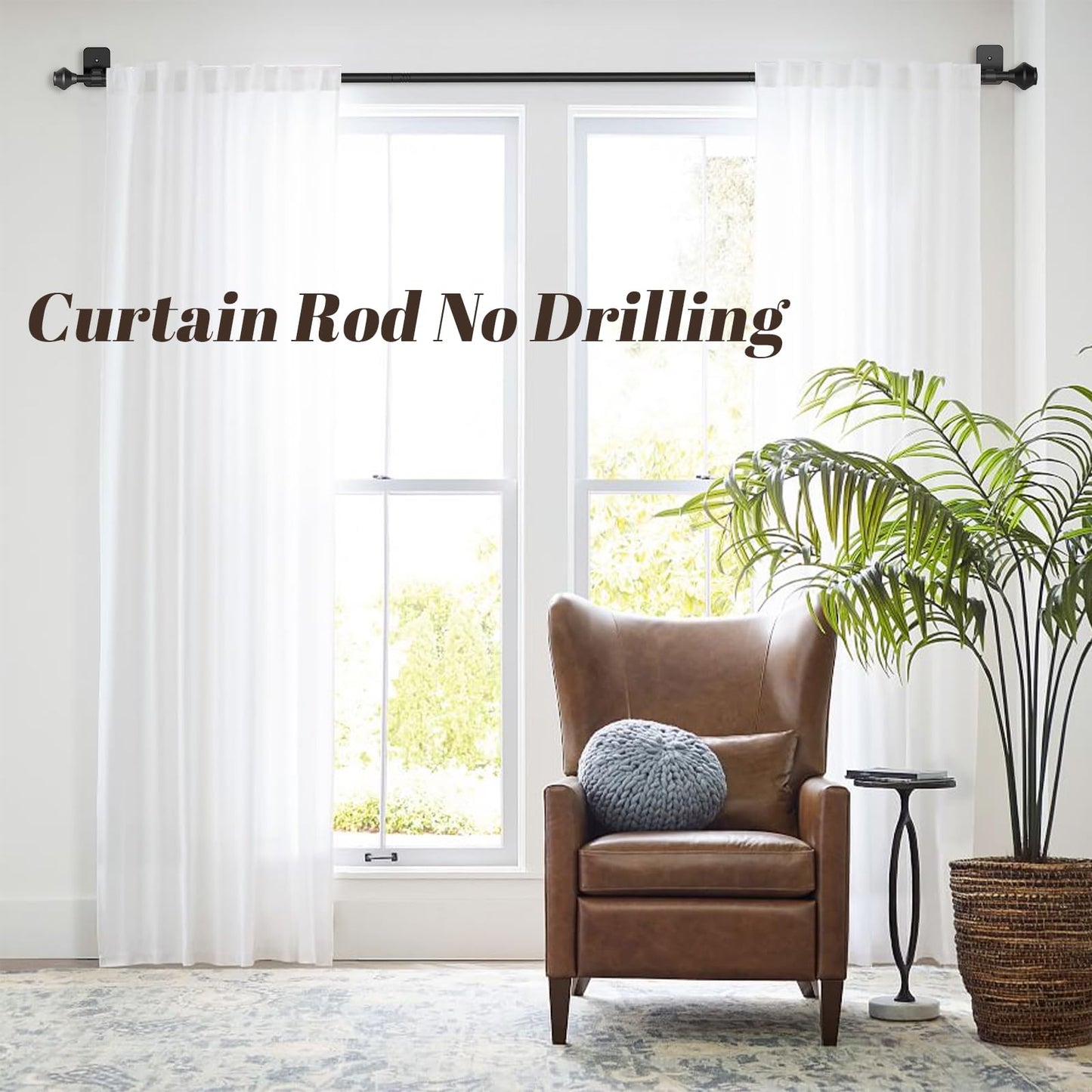 Curtain Rods No Drilling for Windows 36 to 48 Inch, 5/8 Inch Telescoping Adjustable Black Curtain Rod with Adhesive Holders, Renter Friendly for Bedroom Kitchen Apartment(36"-48")