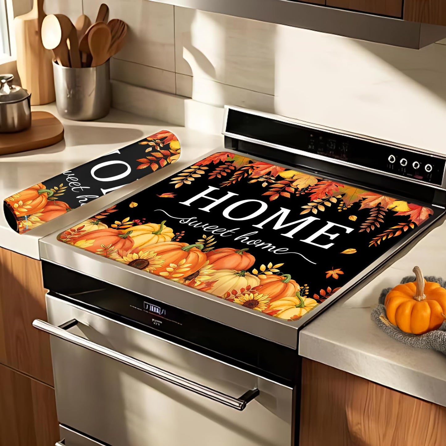 Fall Pumpkin Stove Cover For Electric Stove, 20x28 Glass Stove Top Mat Fall Black Heat Resist Electric Gas Range Mat Sweet Home Decor Glass Top Protector Kitchen Induction Cooktop Pad