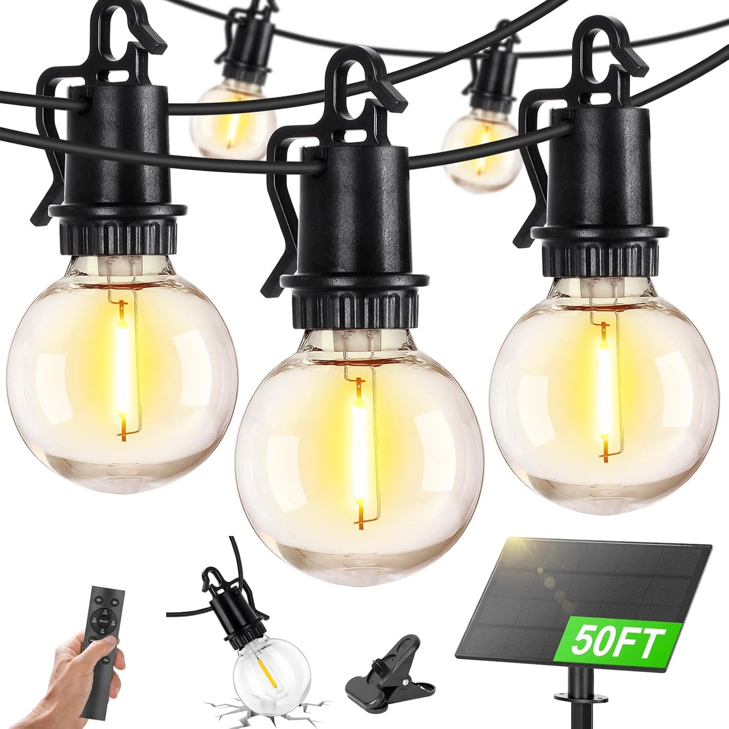100FT Solar Powered String Lights with Remote - Waterproof G40 Patio Lights, 30 Shatterproof Bulbs, 3 Modes for Camping & Backyard