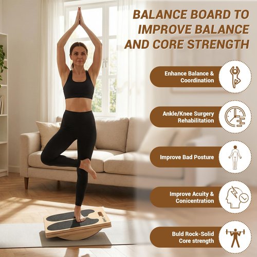 Grainly 2-in-1 Wooden Slant Board & Balance Board | Adjustable Incline Board for Calf Stretching, Squat Wedge, Ankle Support | Suitable for pain relief therapy and core strength training| Includes Workout Poster & Resistance Band