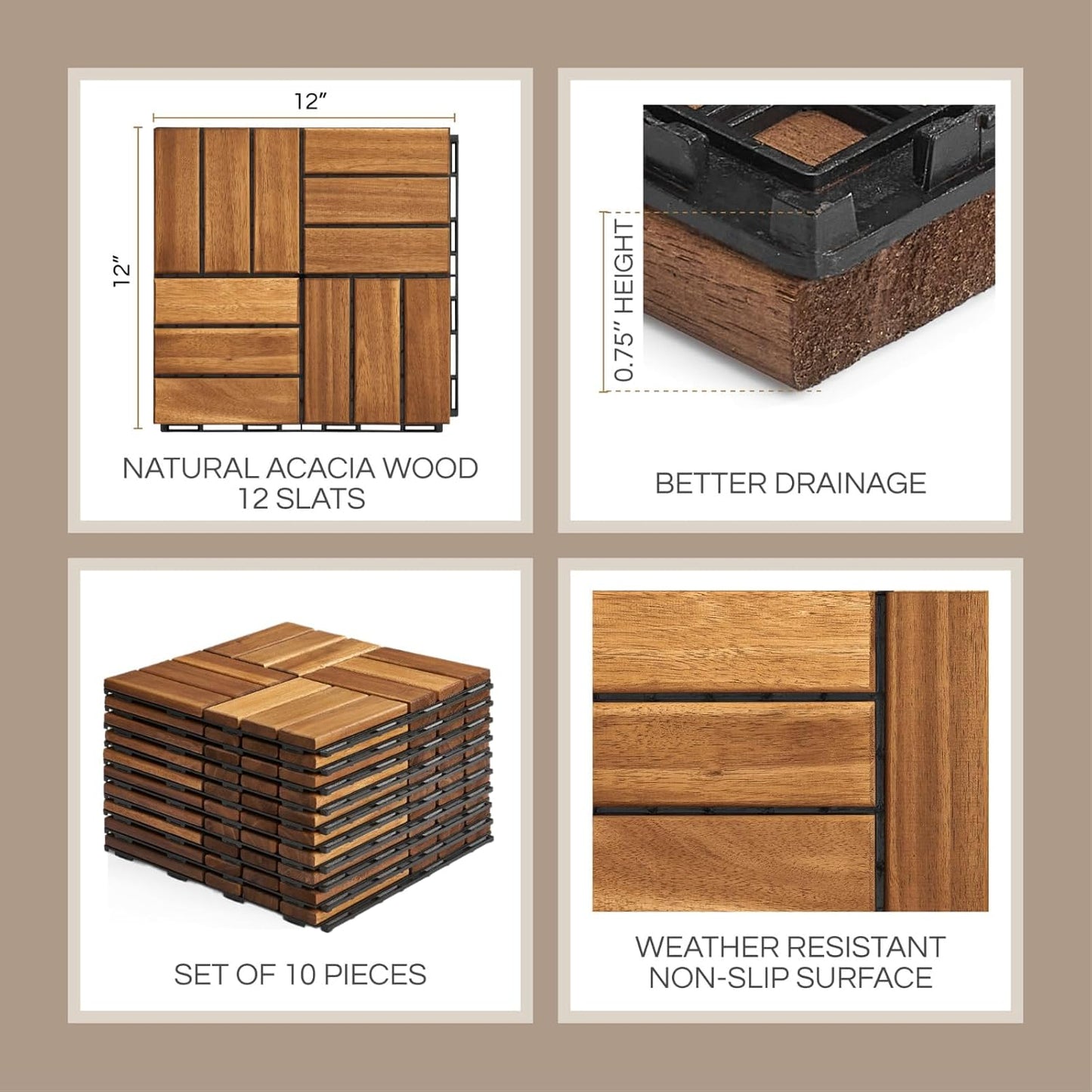 Outdoor Waterproof Acacia Wood Deck Tiles - 10 Pcs Patio Flooring for All Weather Use