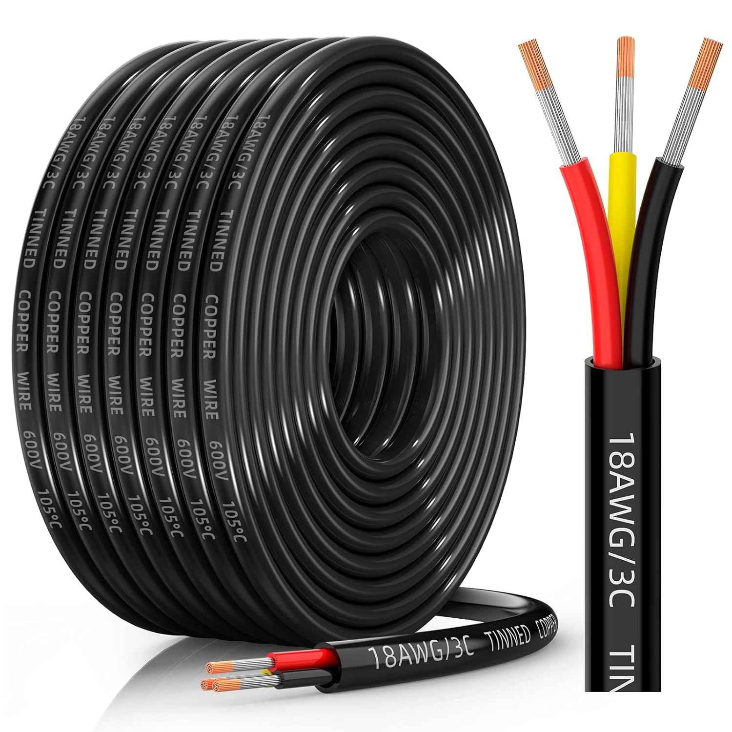 16 AWG Tinned Copper 3-Conductor Electrical Wire - Waterproof PVC Cable for Automotive, Marine & Solar (100FT)