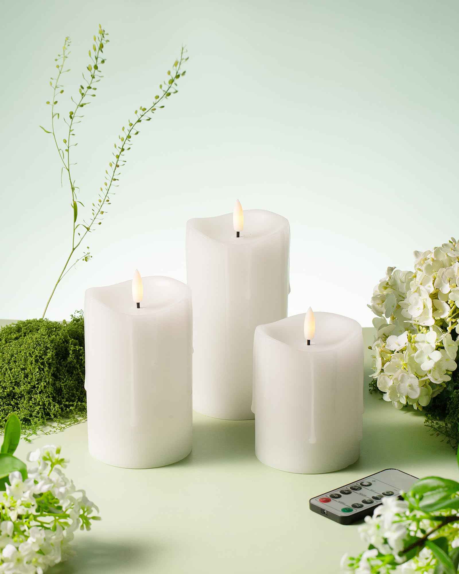 Velsyn White Flameless Candles with Remote and Timer, Real Wax Made Wax Drip LED Pillar Candles Battery Operated with 3D Flickering Flame Melted Top - 3" x 4", 3" x 5", 3" x 6" - Set of 3