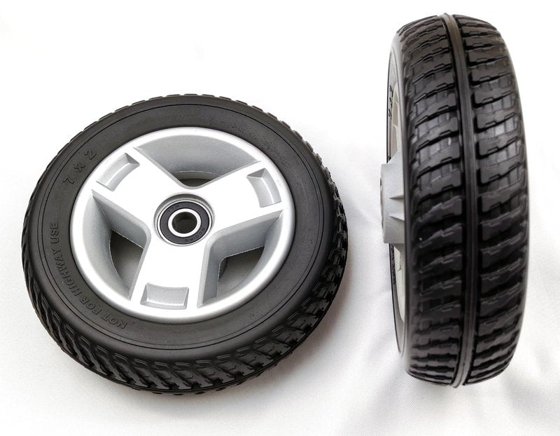 Mobility scooter replacement wheel,7"x2",Flat-Free Front Wheel,Tri-Spoke Rim for 4-Wheel Go-Go Elite Traveller (SC44E) & Go-Go LX with CTS (S54LX) Scooters (WHLASMB1868),W/bearing,Silver+Black,1Pr