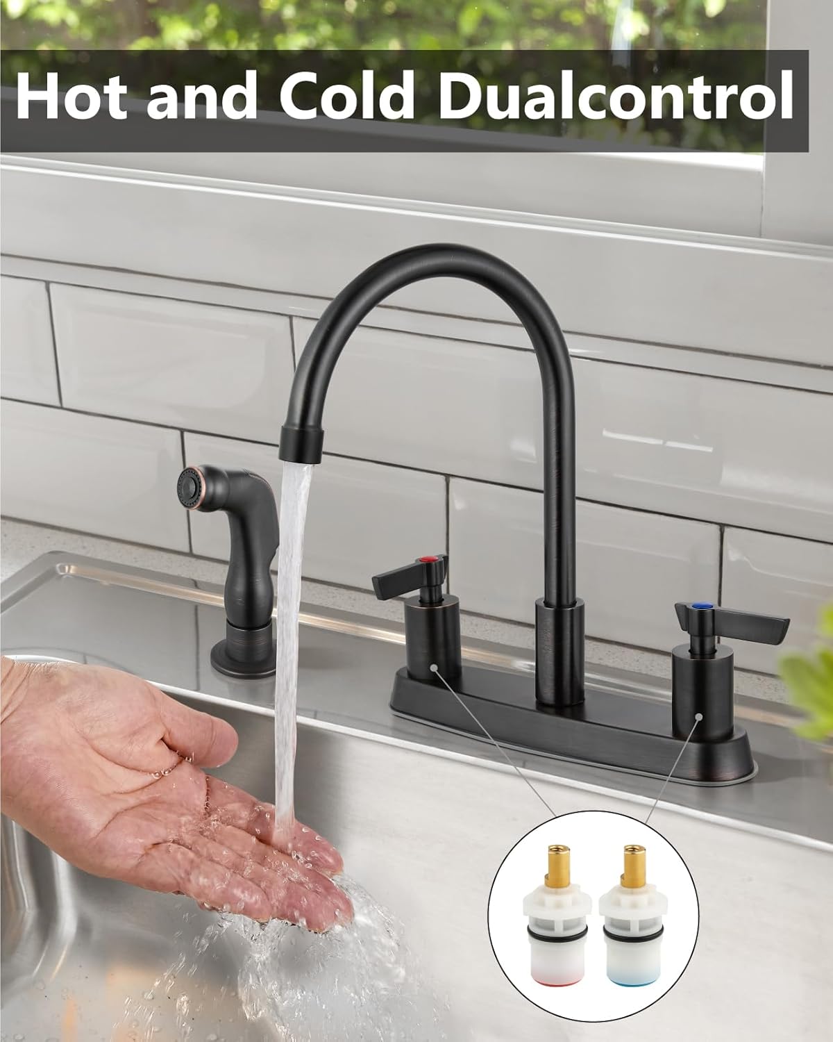 Brushed Nickel Kitchen Faucet with Sprayer - 2 Handle 8-Inch Centerset 3 Hole