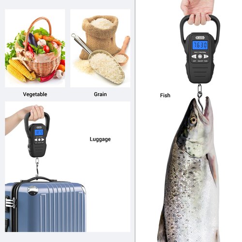 Dr.meter Fish Scale - Upgraded Digital Scale with Backlit LCD & Measuring Tape | 110lb/50kg Capacity, Large Handle