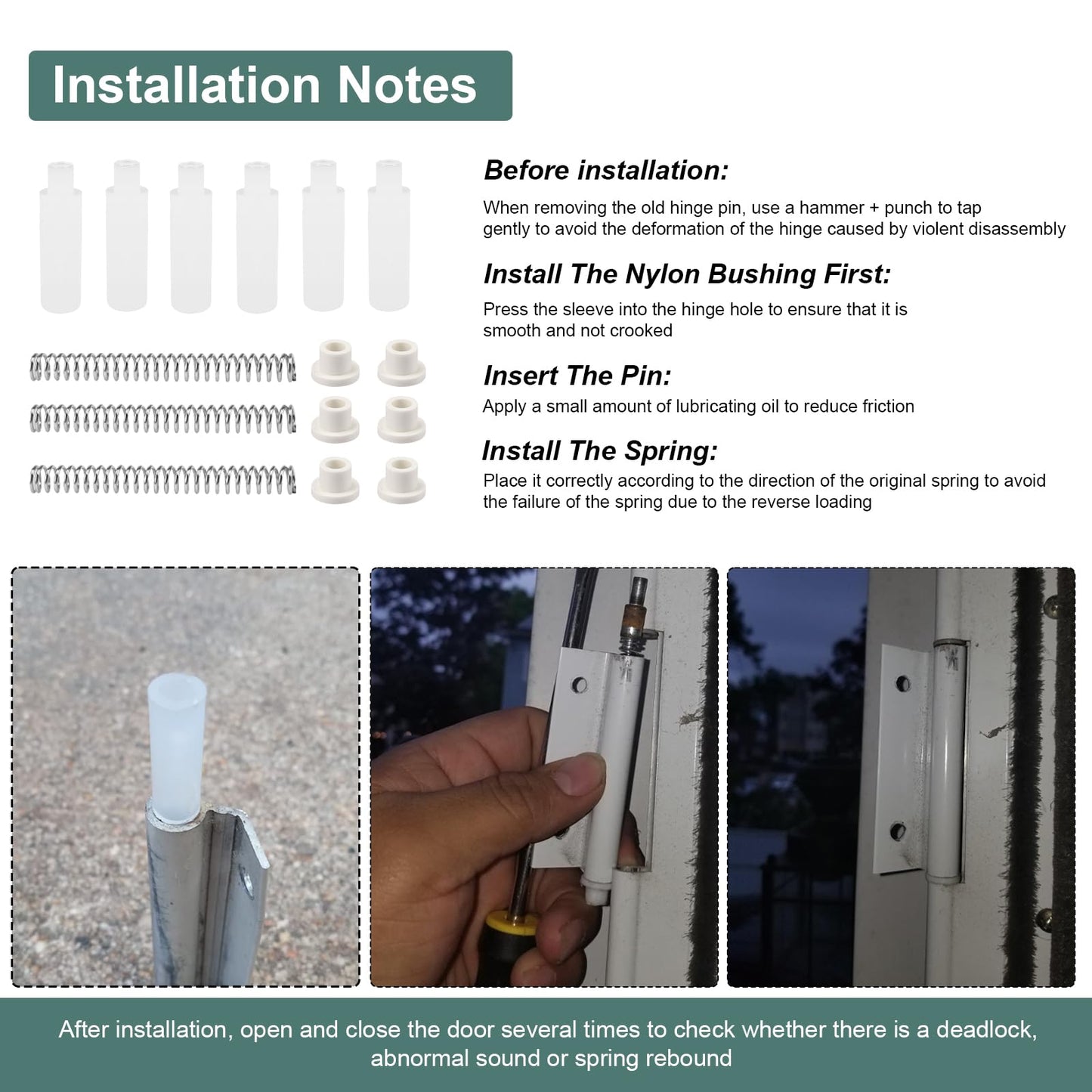 Storm Screen Door Hinge Pin Kit K 5131 Compatible with Prime-Line, Storm Door Repair Replacement Parts - 2-9/16 Inch Steel Springs, 5/16 Inch Nylon Pins and Bushings Fit for Emco/Andersen, 3 Sets