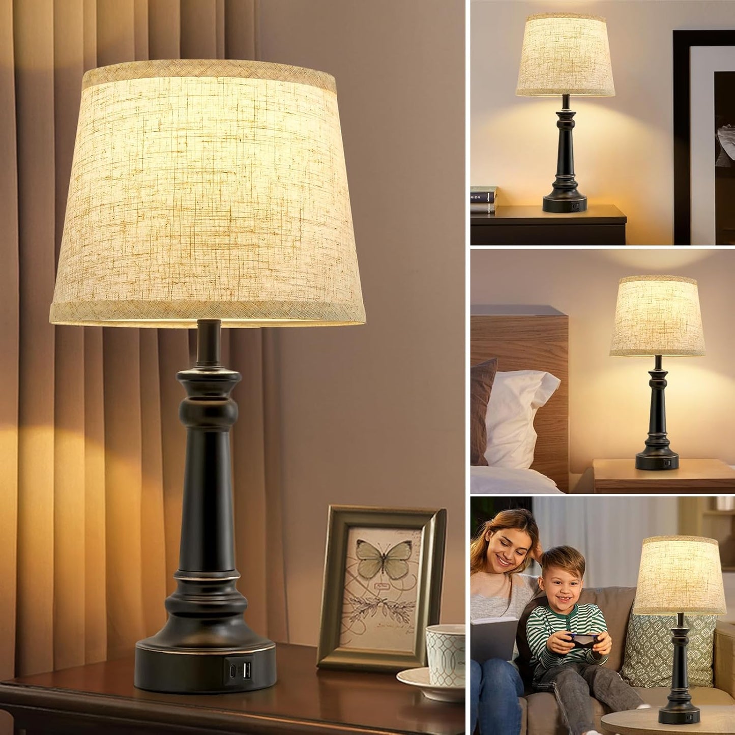 Touch Bedside Table Lamps Set of 2 with USB C+A Ports - 3-Way Dimmable Linen Shade