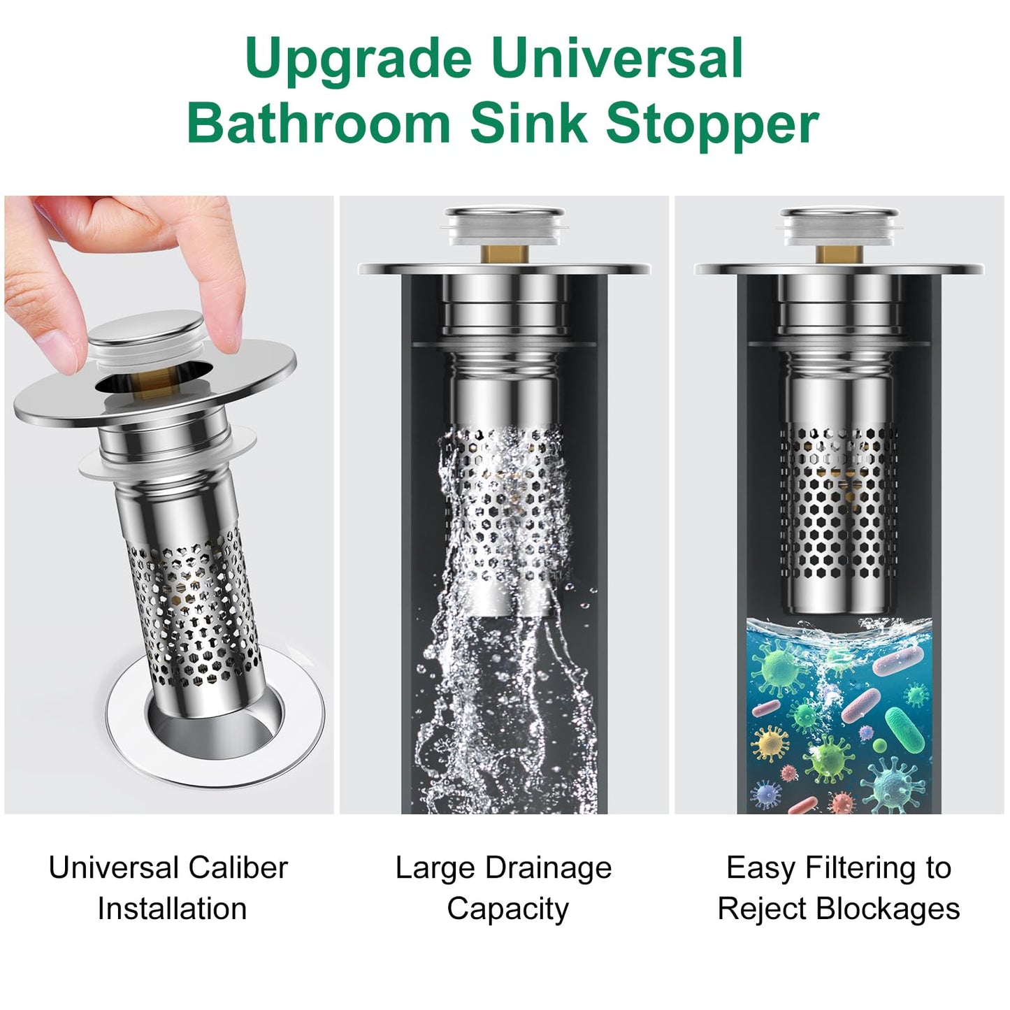 Bathroom Sink Drain Strainer,Universal Pop-Up Sink Stopper Hair Catcher, Anti-Clog Stainless Steel Drain Filter Basket, Removable Sink Drain for Bathroom Sink Stopper Replacement