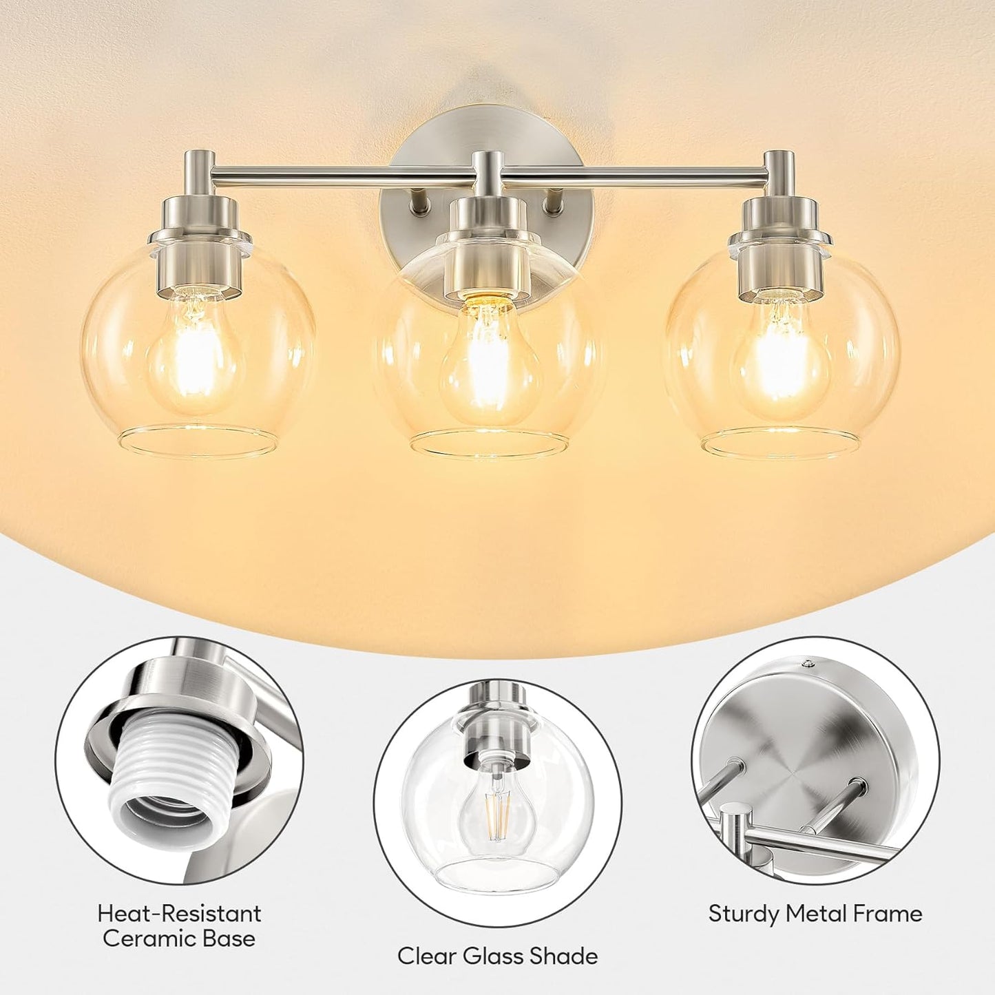3-Light Vanity Bathroom Light Fixture with Globe Glass Shades - Brushed Nickel, ETL Certified