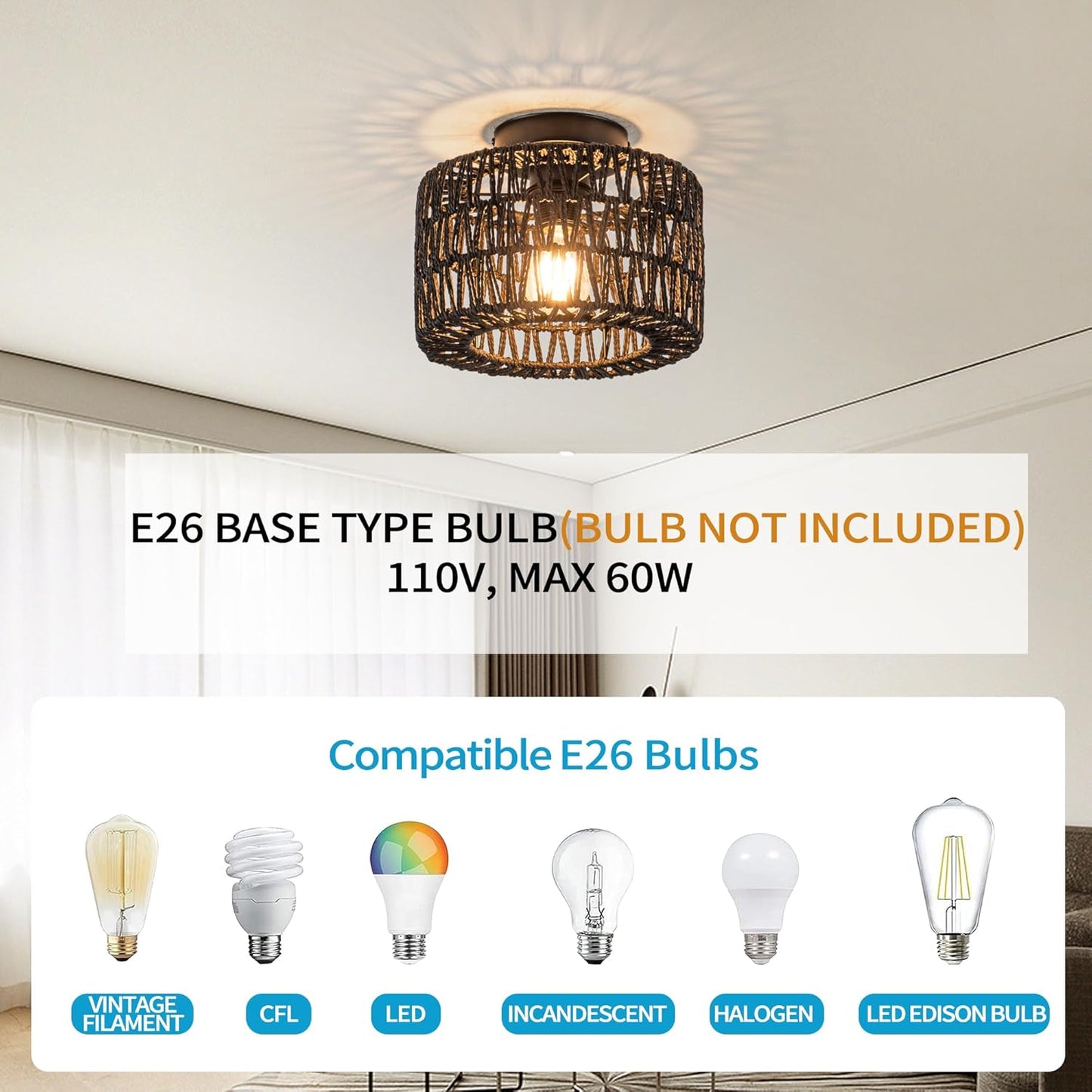 Bohemian Rattan Ceiling Light Fixture - 3-Light Woven Flush Mount for Bedroom & Living Room