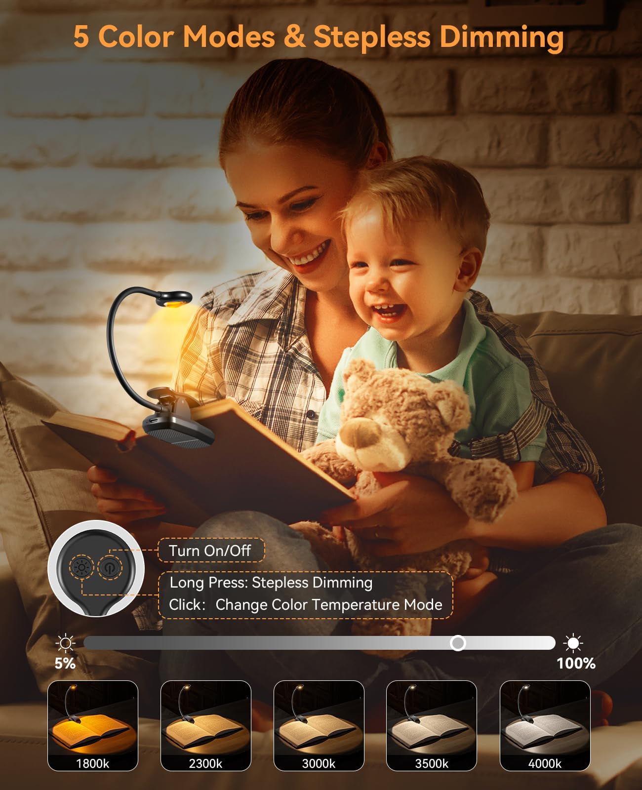 Hensam Book Light for Reading at Night, Rechargeable Reading Light with 1200 mAh Battery, Stepless Dimmable Reading Lights for Books in Bed, Portable Clip Book Light with Case