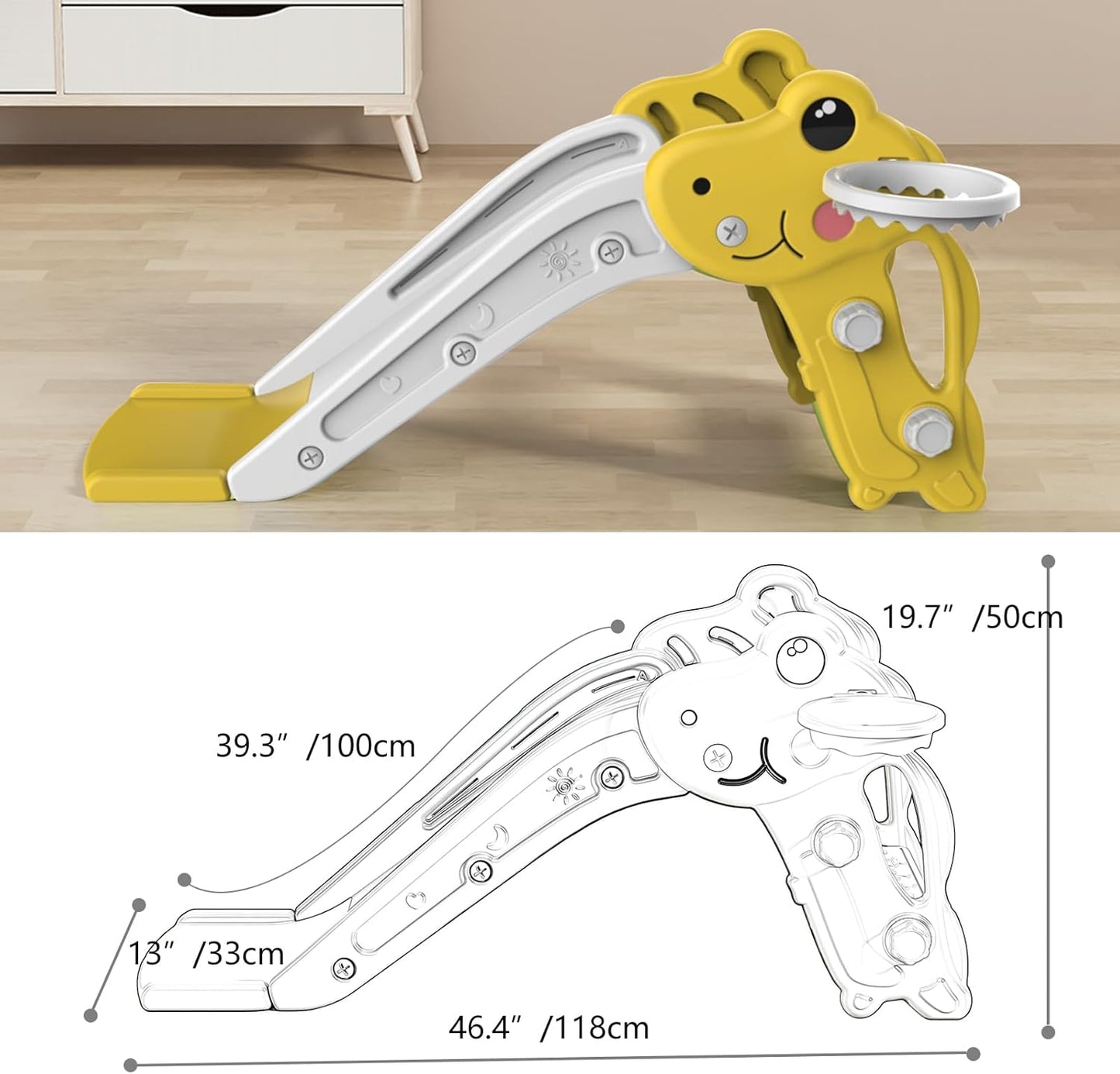 Skiennix Toddler Slide - Indoor/Outdoor Playset with Ball & Hoop | Non-Slip Steps, Yellow, Ages 1-3