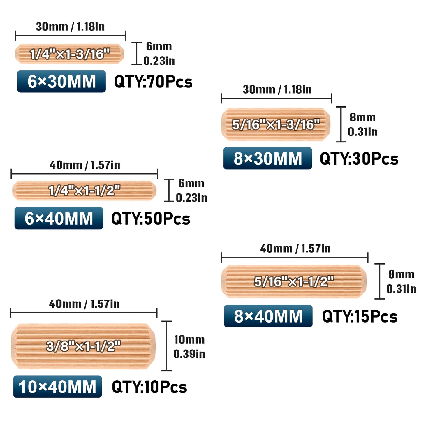 ALLECIN 5 Sizes 250Pcs Wooden Dowel Pins Kit 1/4 3/8 5/16 Inch Small Fluted Wood Dowels Pegs Hardwood Pin for Furniture Woodworking Crafts