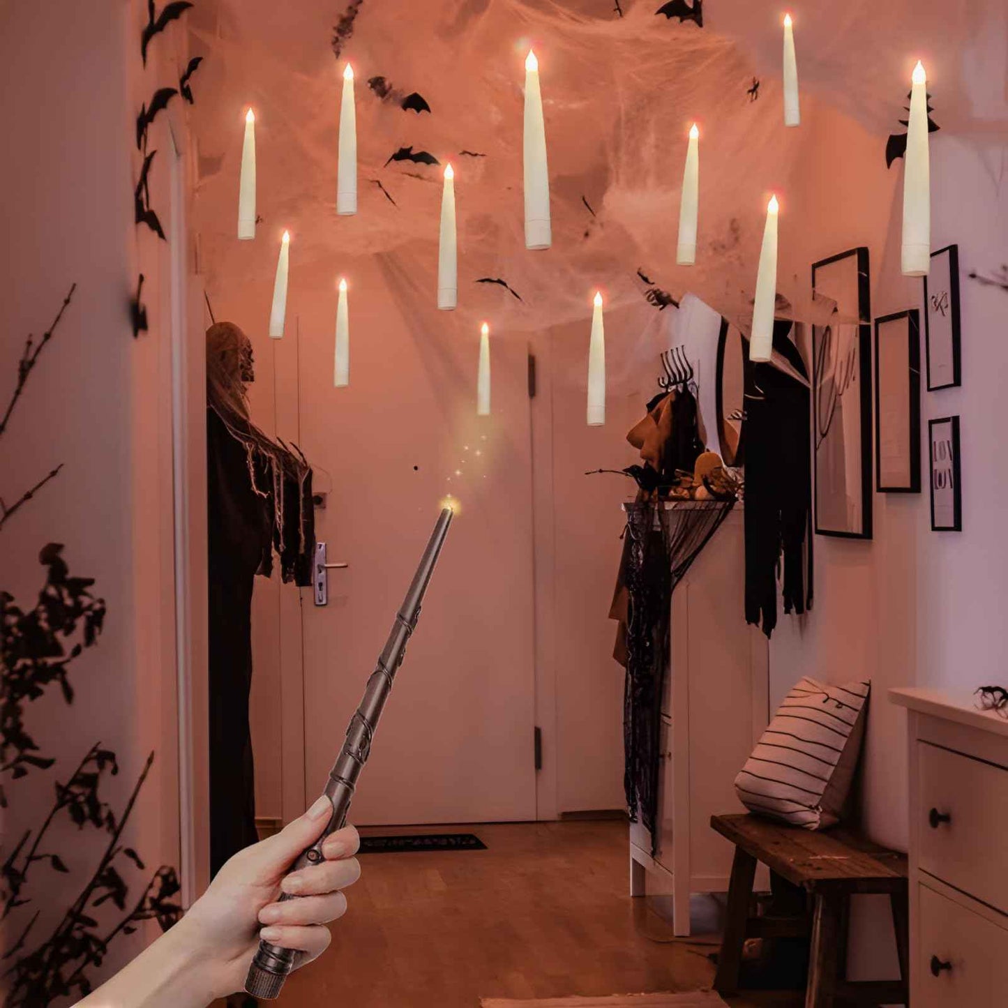 Halloween Decorations - Floating Candles with Wand - 20 Pcs Magic Hanging Flameless Floating LED Candles with Wand Remote - Decor for Indoor Outdoor Home Room Theme Party Birthday Gift