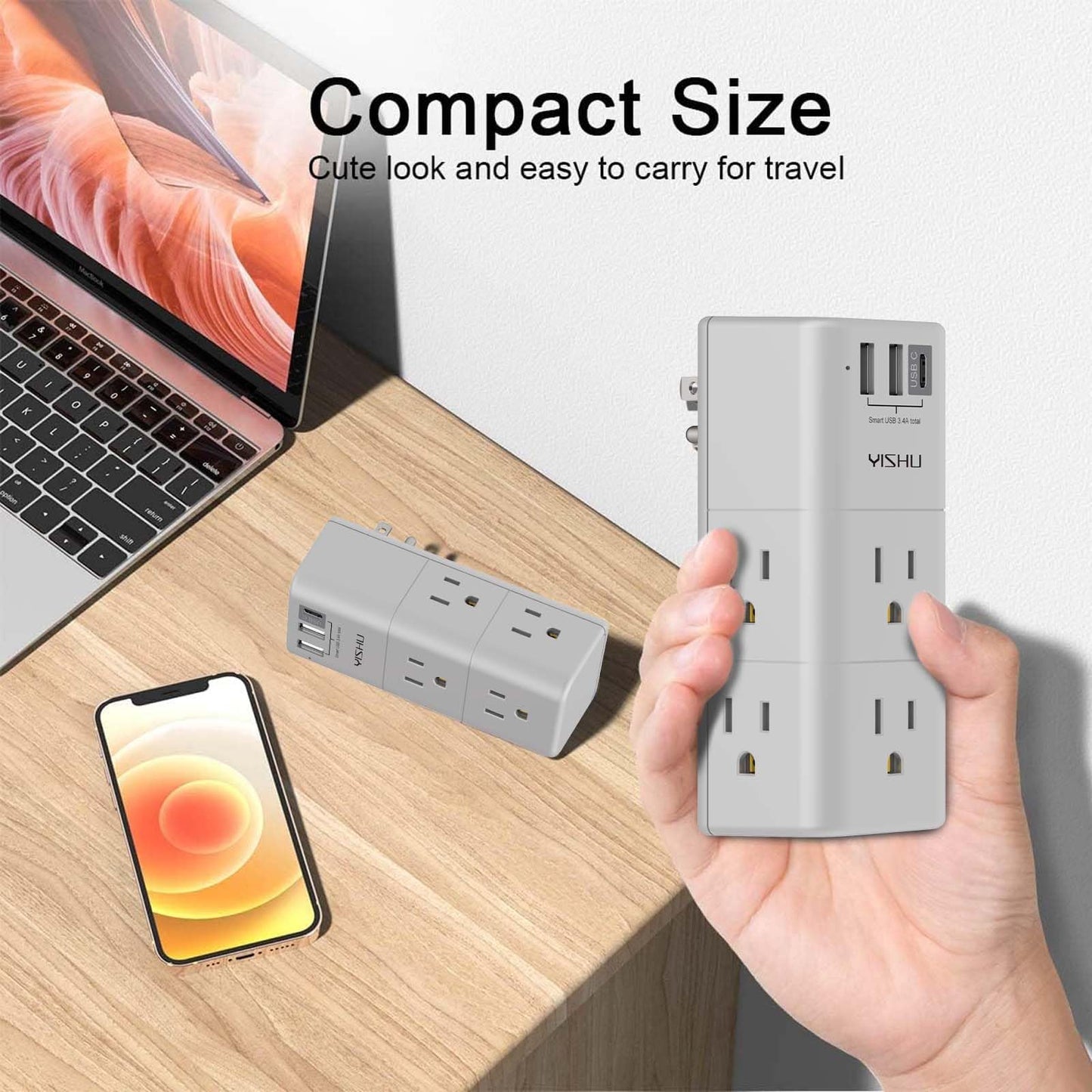 Multi Plug Outlet Surge Protector - YISHU Outlet Extender with Rotating Plug, 6 AC Outlets and 3 USB Ports, 3-Sided Swivel Power Strip Ideal Stocking Stuffers, Gray