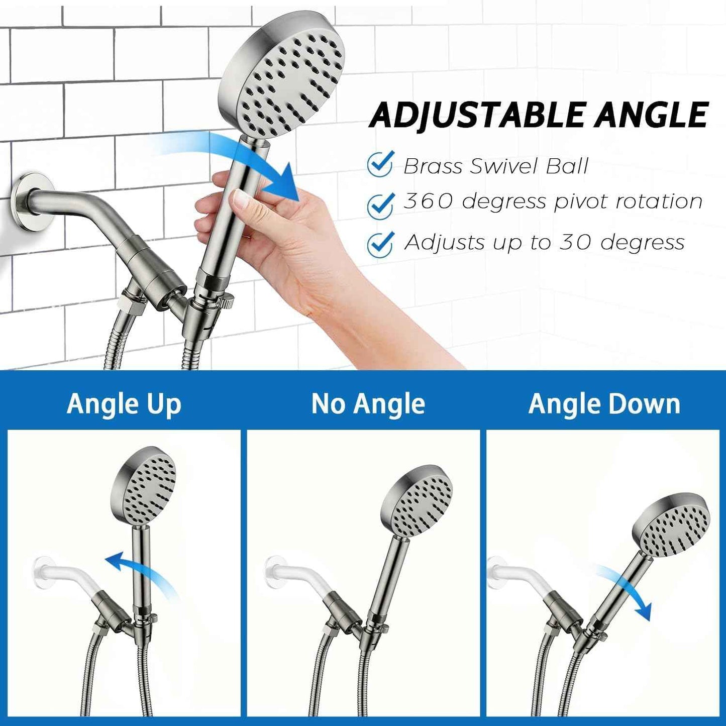 Brushed Nickel Handheld Shower Head with Extra Long Hose & Water-Saving Valve - Modern Design, 1 Setting, 10-Year Warranty