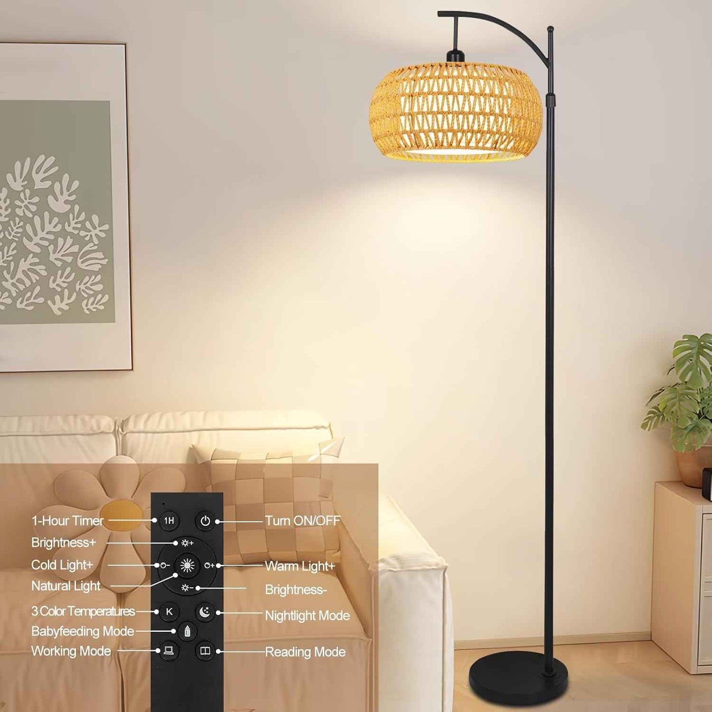 Boho Gold Floor Lamp with Remote Control | Dimmable Rattan & Wicker Design for Living Room