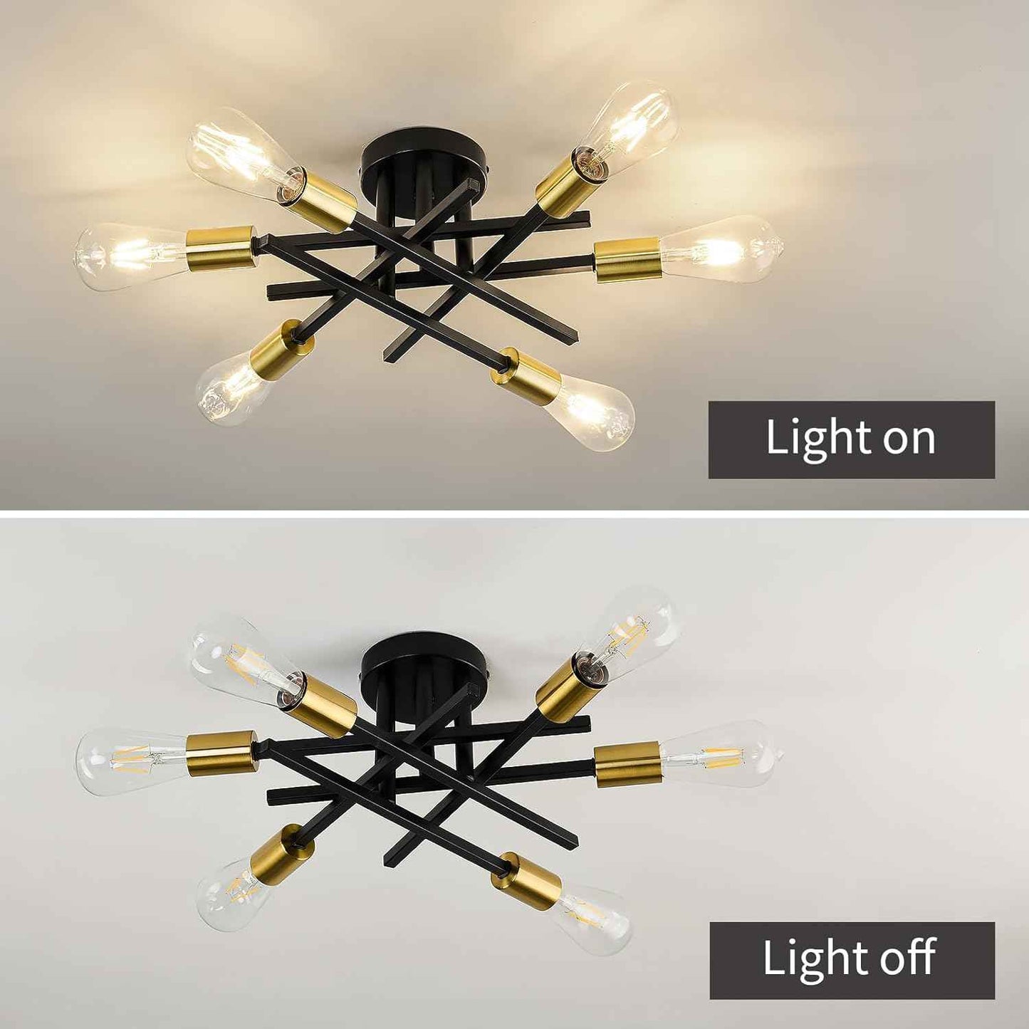 Gold Modern 6-Light Semi Flush Mount Ceiling Light Fixture - Vintage Sputnik Chandelier for Kitchen, Dining & Living Room