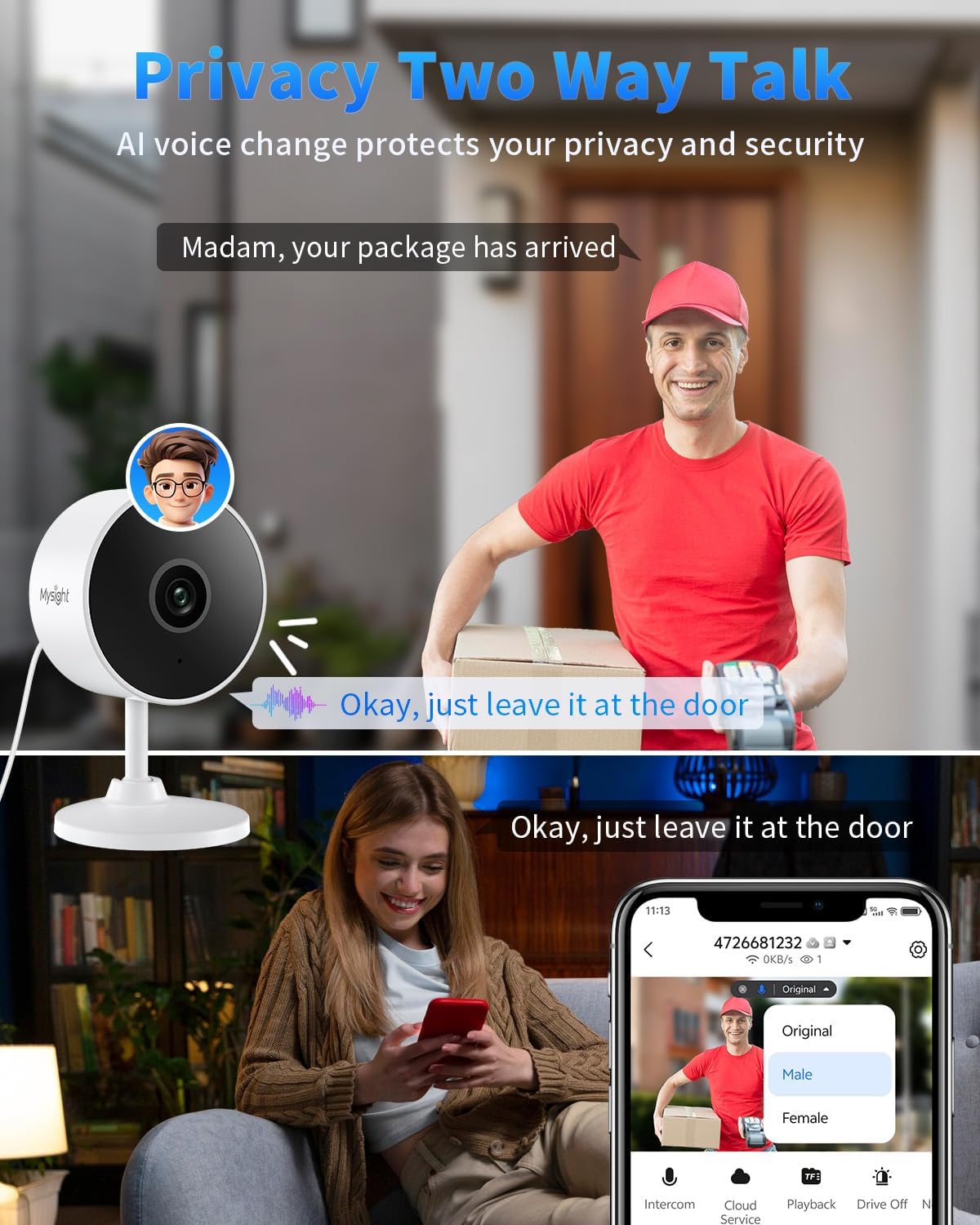 2K Indoor Security Camera with AI Voice Change, Night Vision & 24/7 Recording - Home Baby Monitor & Pet Camera