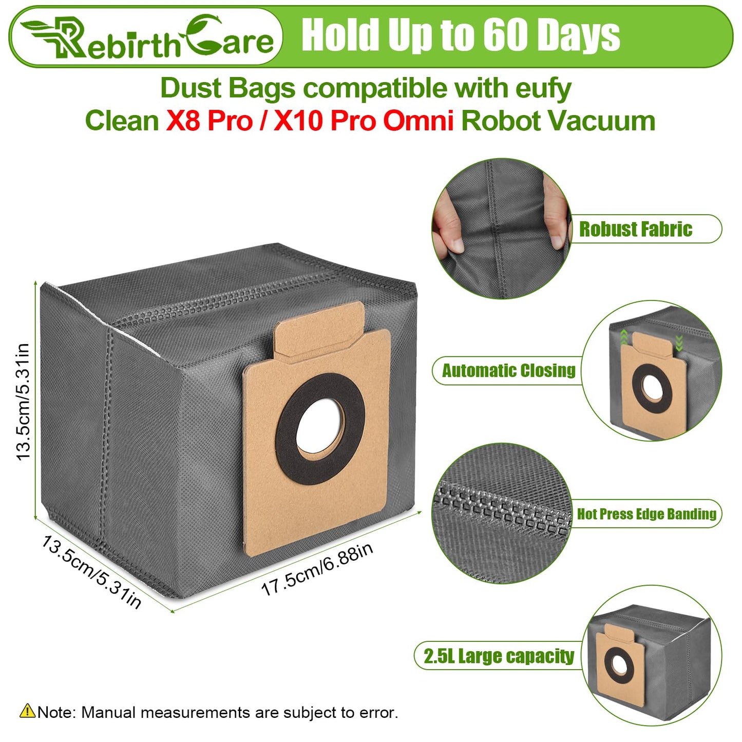 Rebirthcare 12 Pack X8 Pro Dust Bag Compatible with Eufy Clean X8 Pro X10 Pro Omni Robot Vacuum Self-empty Station 2.5L Large Capacity Replacement Bag
