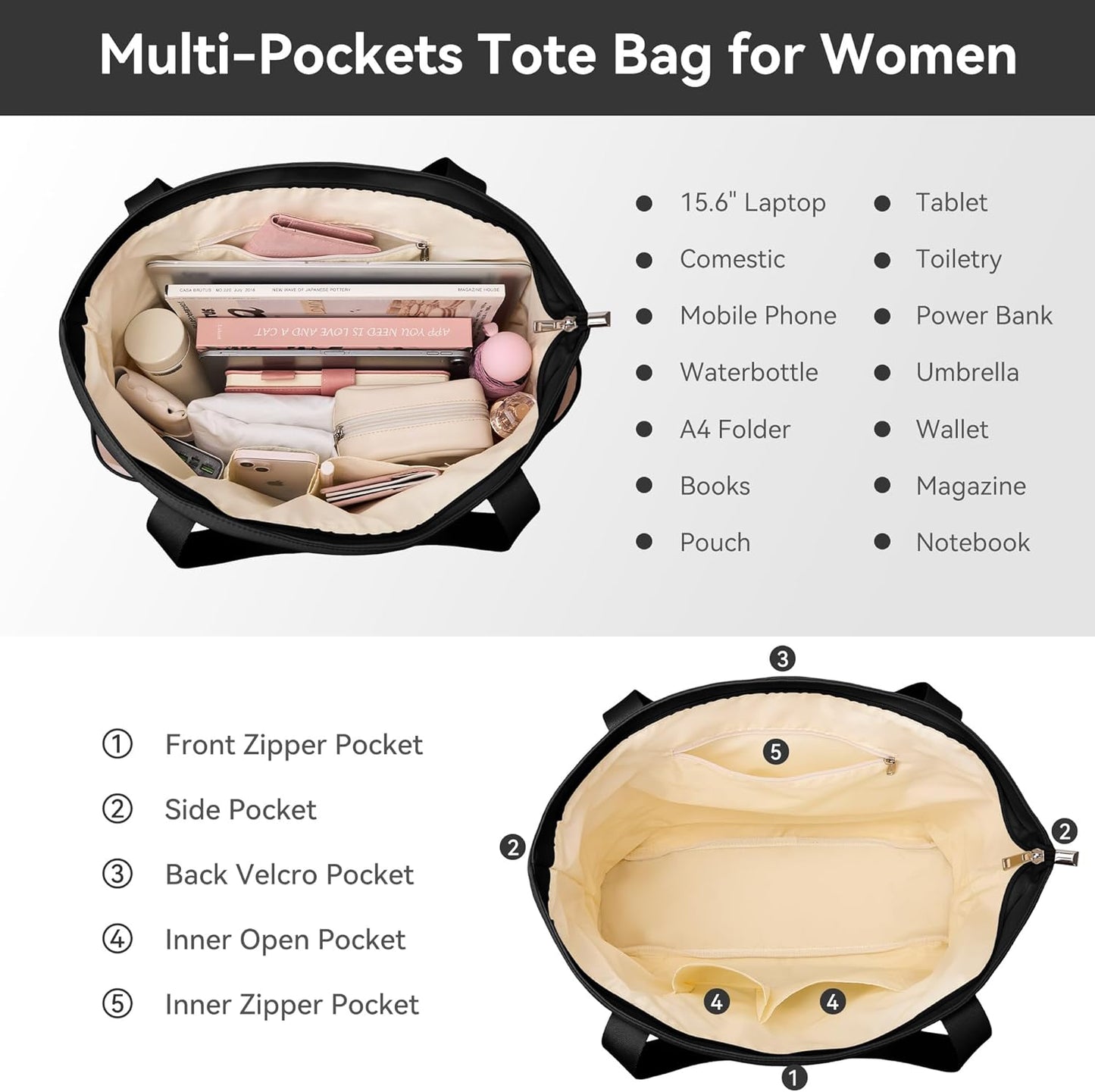 Skiennix Tote Bag - Waterproof Hobo Handbag with Zipper | Large Capacity Multi-Pocket Design for Travel & Gym